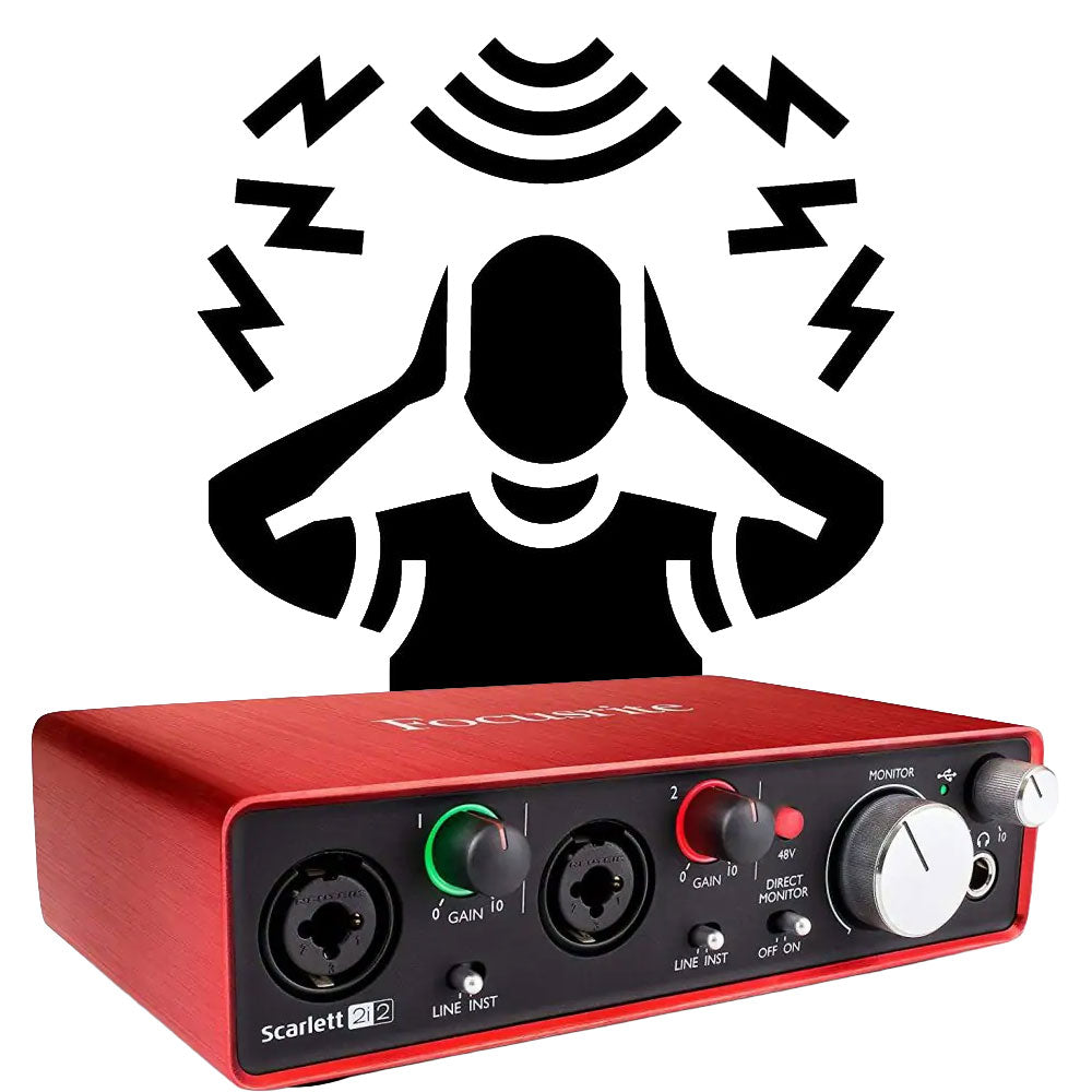 Person covering ears from bad noise behind audio interface on white background