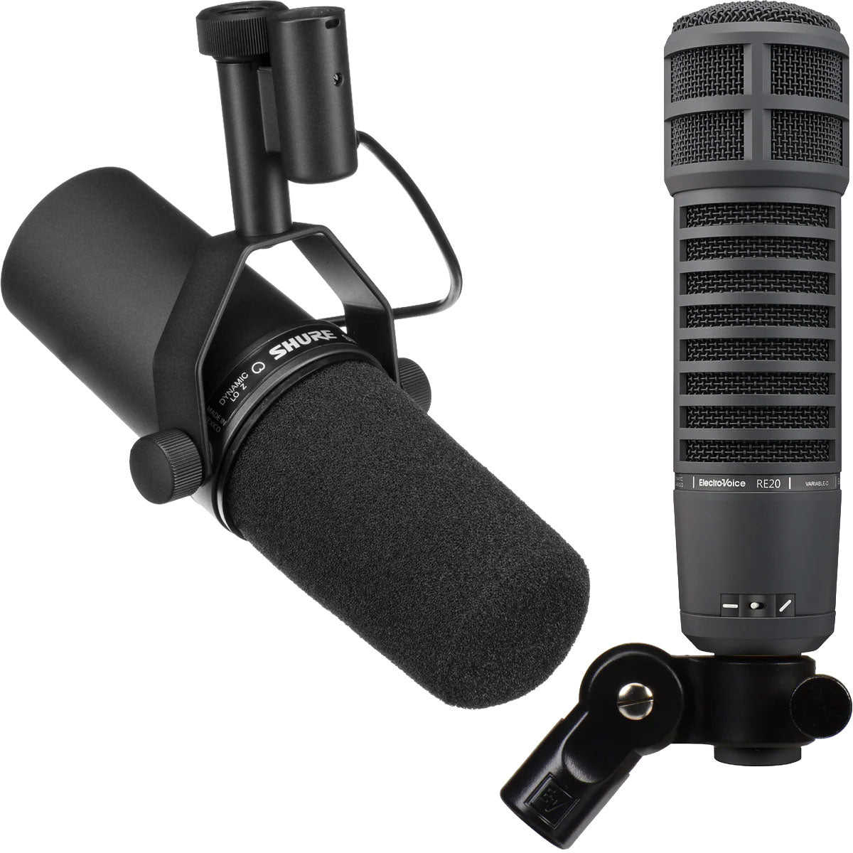 Shure SM7B and Electro-Voice RE20 microphones, both black on a white background.