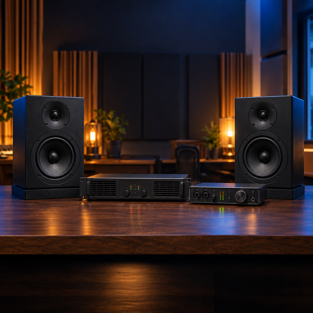 graphic, studio monitor speakers and audio interfaces on a desk