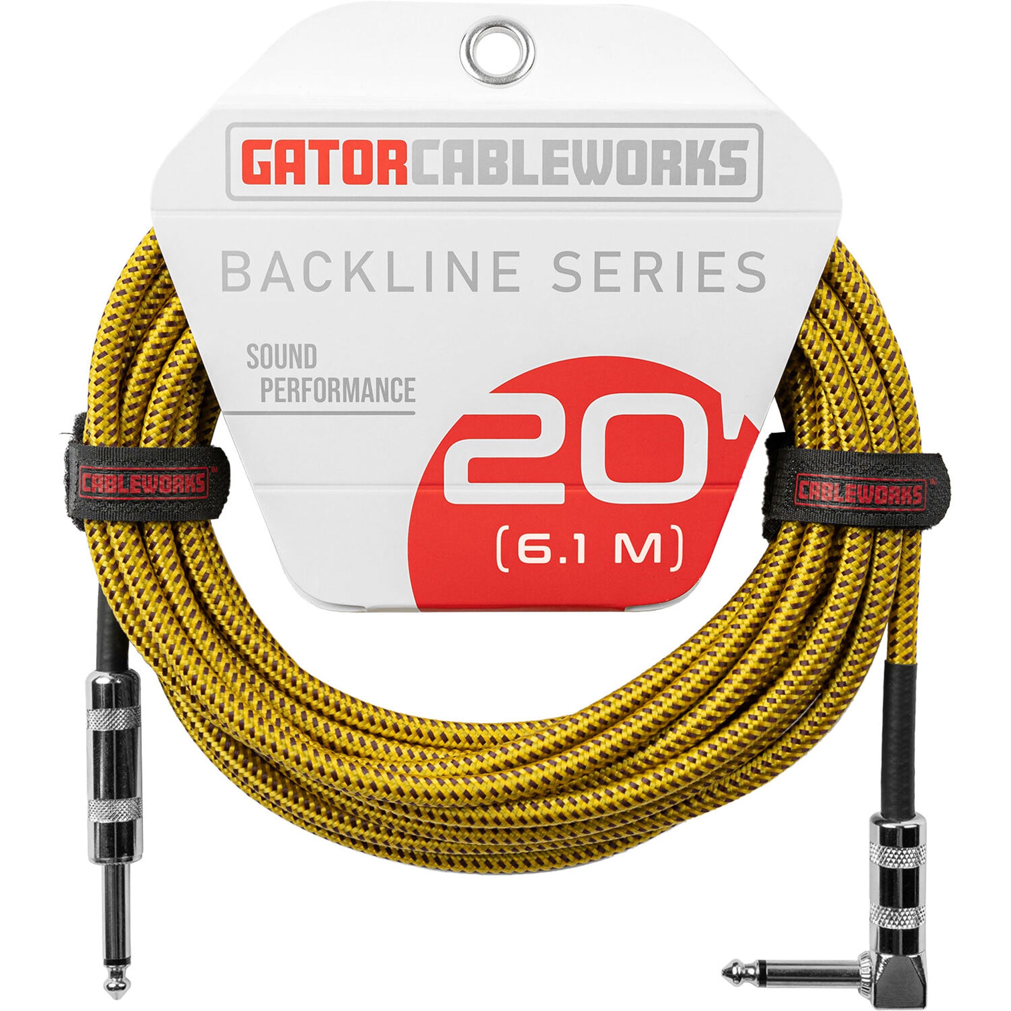 Gator Backline Series 1/4" Straight to 1/4" Right Angle Braided Instrument Cable (Brown/Yellow, 20')