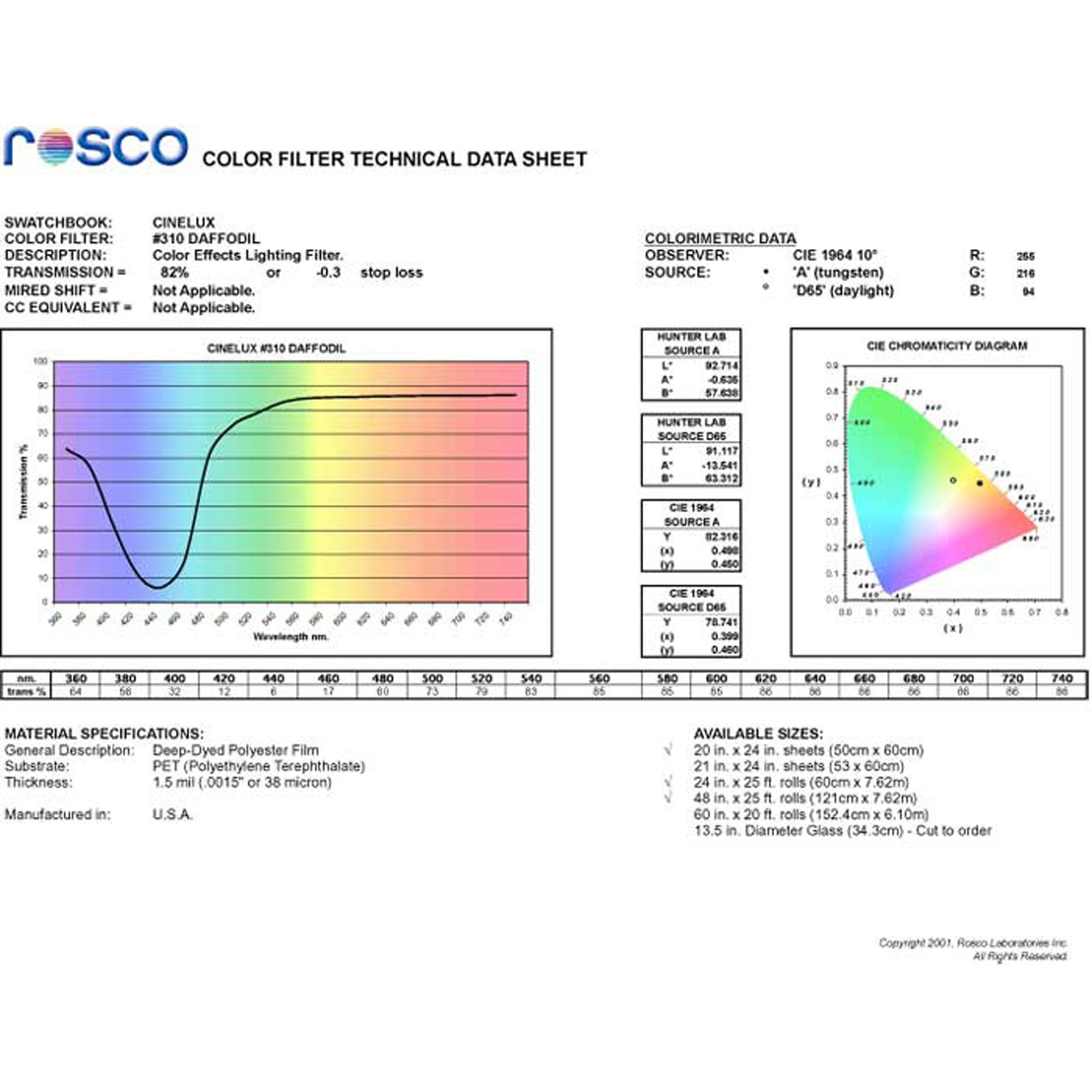 Rosco #310 Roscolux Cinegel Filter Gel Daffodil (20" x 24" Sheet)