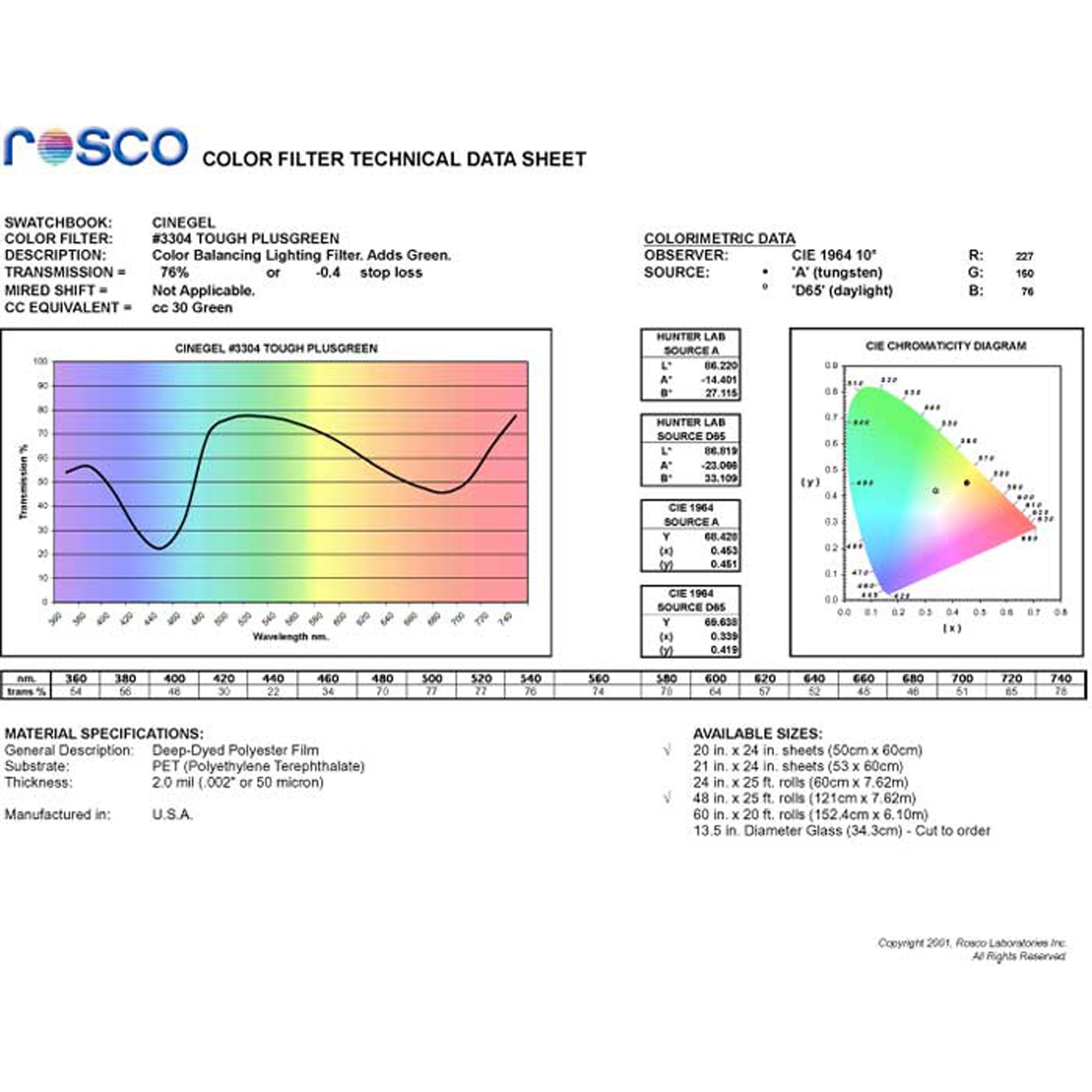 Rosco #3304 Roscolux Filter Gel Tough Plusgreen/Windowgreen (20" x 24" Sheet)