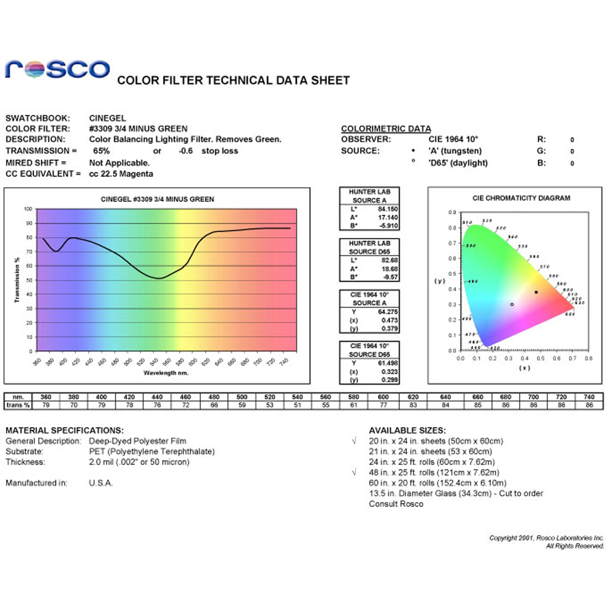 Rosco #3309 Roscolux Filter Gel Tough 3/4 Minusgreen (20" x 24" Sheet)