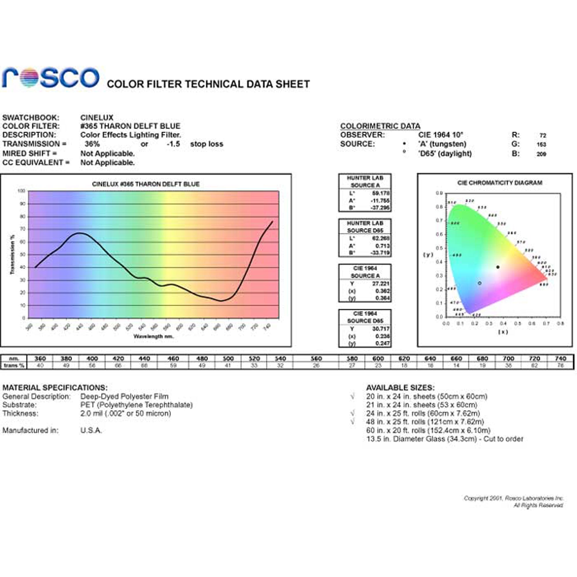 Rosco #365 Roscolux Cinegel Filter Gel Tharon Delft Blue (48" x 25' Roll)