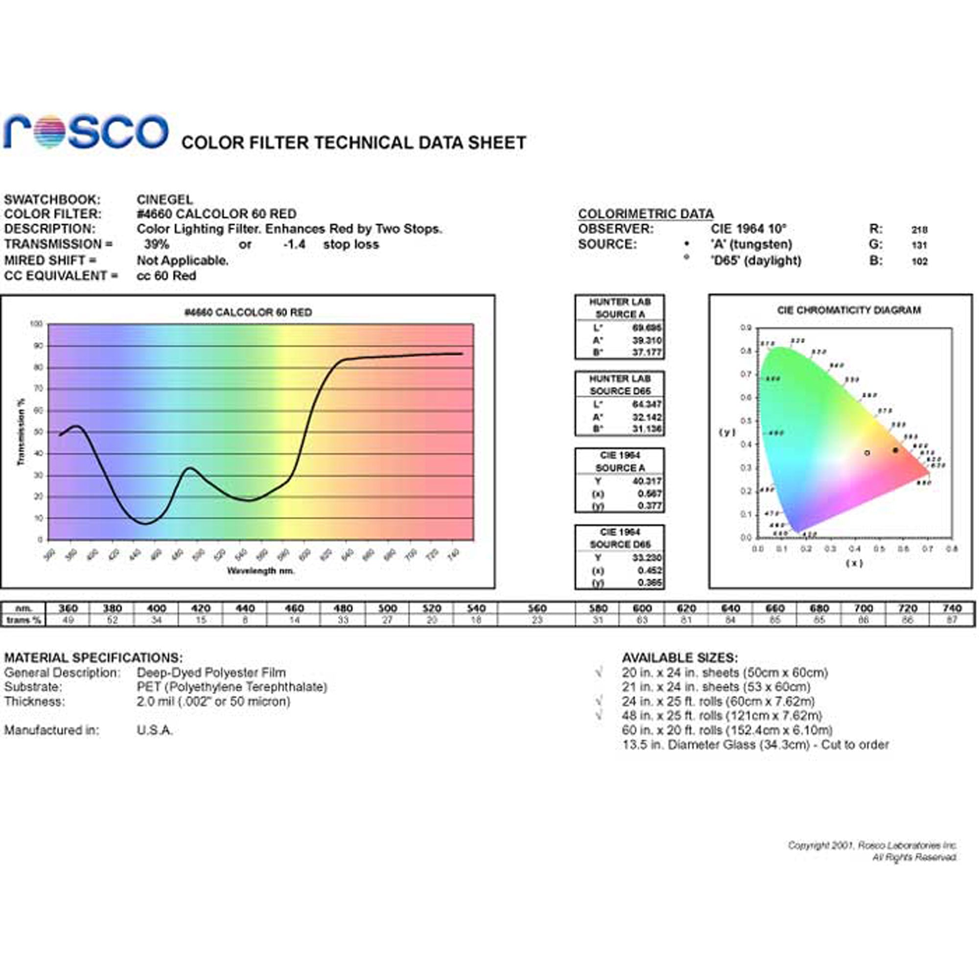 Rosco #4660 CalColor Filter Gel 60 Red (20" x 24" Sheet)