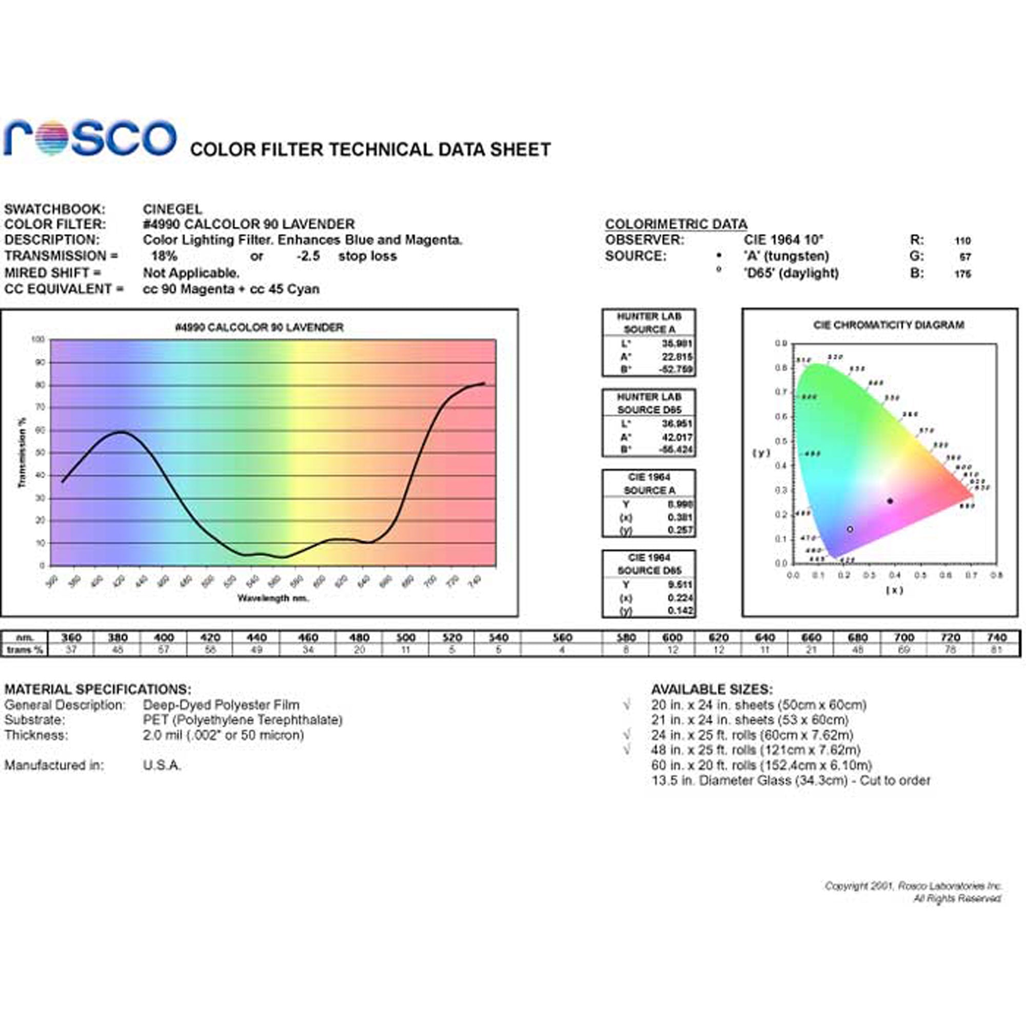 Rosco #4990 CalColor Filter Gel 90 Lavender (48" x 25' Roll)