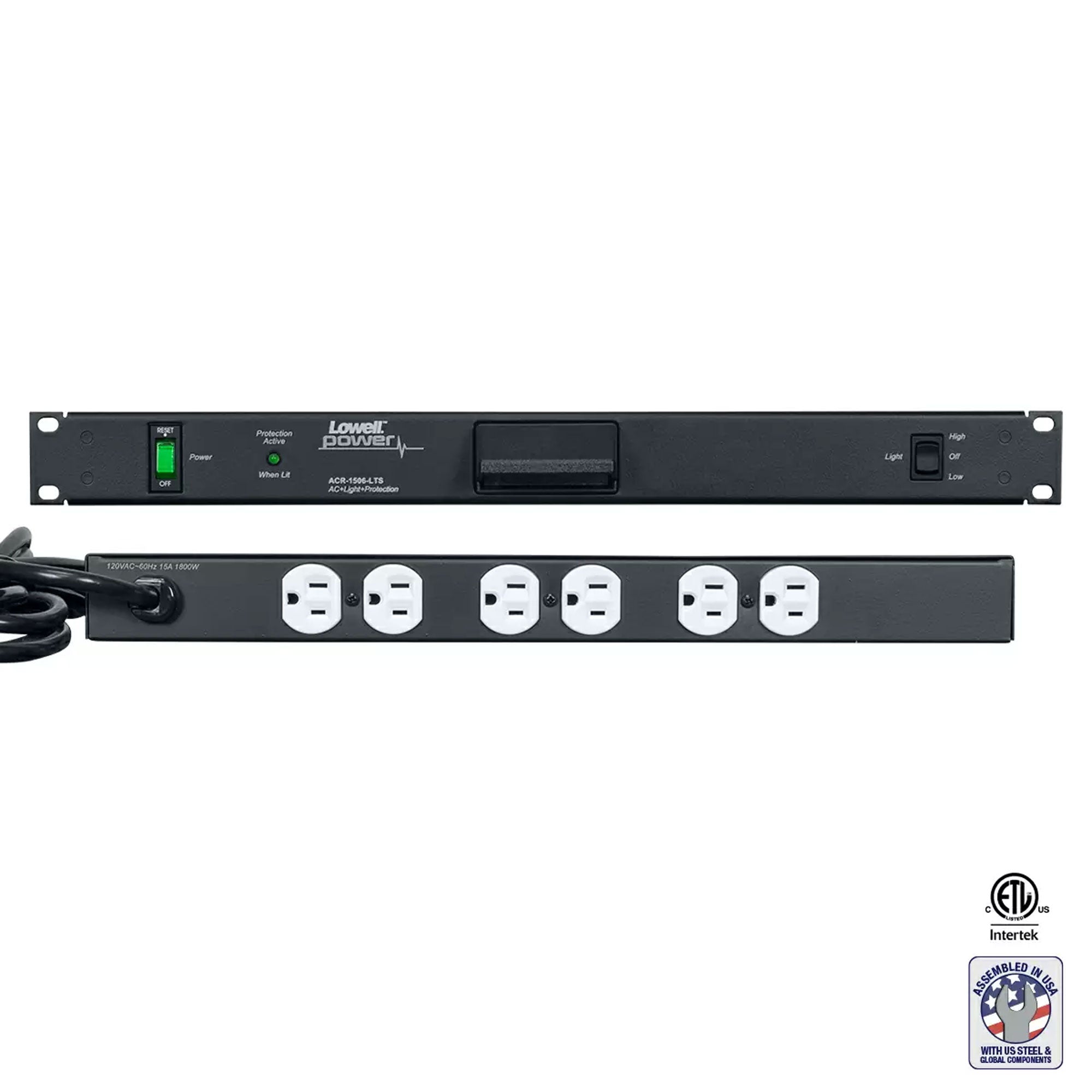 Lowell ACR-1506-LTS 15A Rackmount Power Panel with 6 Outlets, Surge Protection and Hooded Light