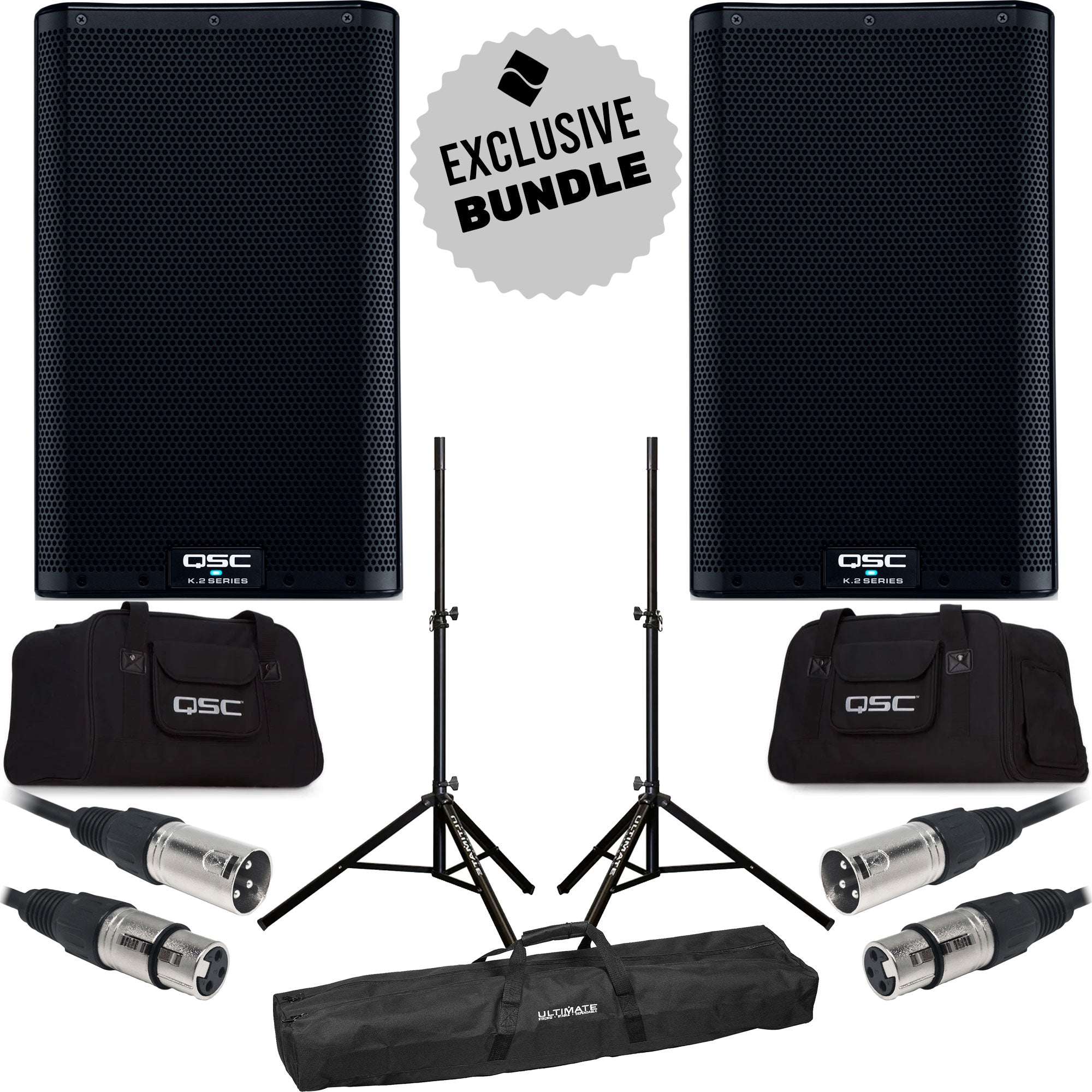 QSC K8.2 K.2 Series 8" 2-Way 2000W Complete Powered Loudspeaker Essentials Bundle (Pair)