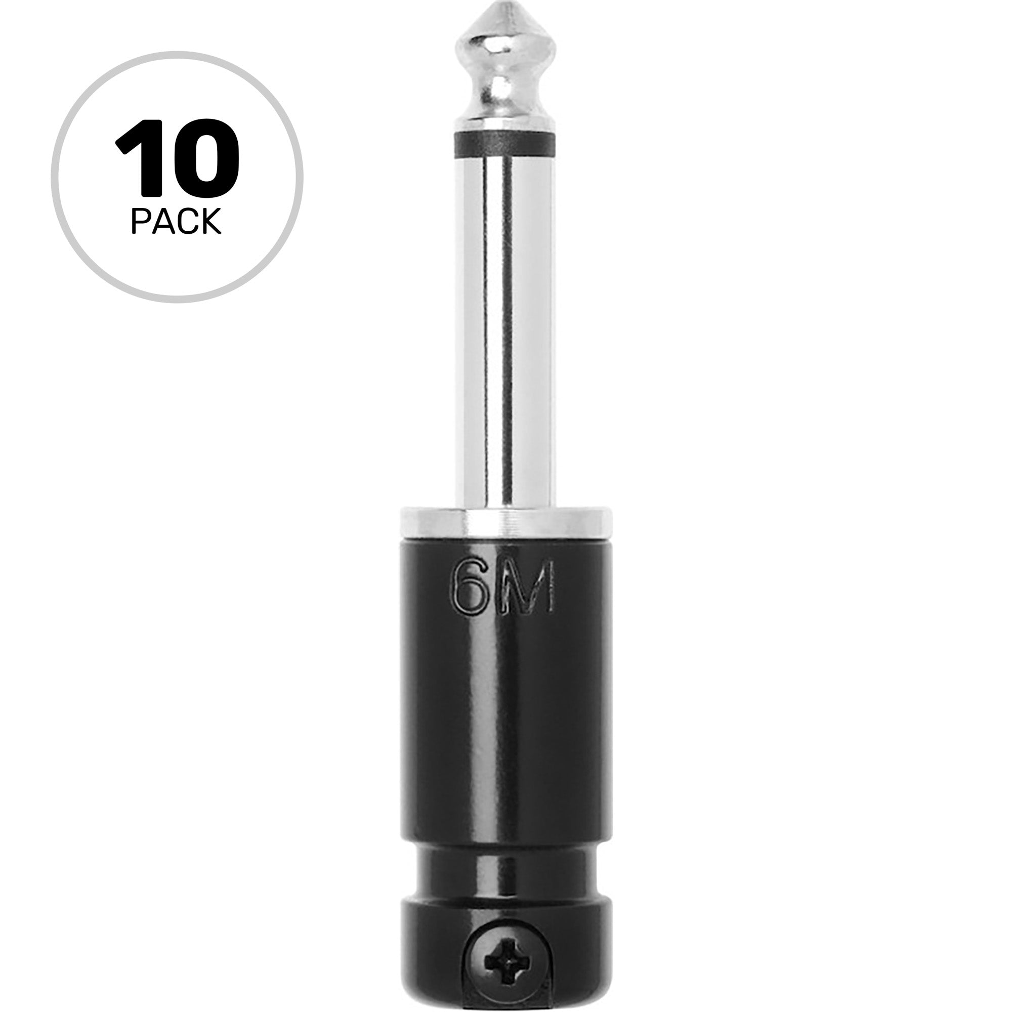 SquarePlug SPS6MBK Compact Medium Straight 1/4" TS Mono Cable Plugs (Black, 10 Pack)
