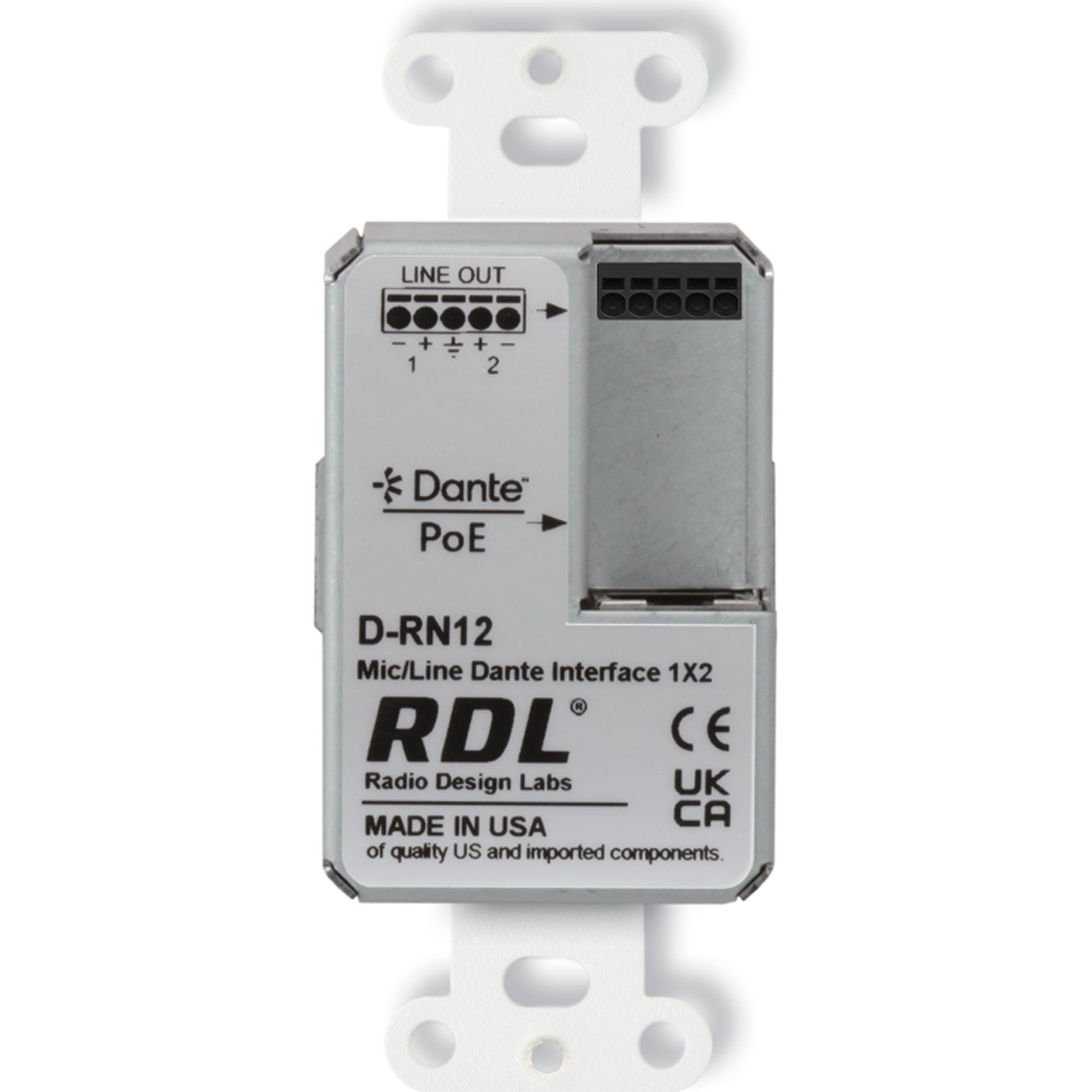 RDL D-RN12 Wall-Mounted Bi-Directional Mic/Line Dante Interface 1x2 (White)