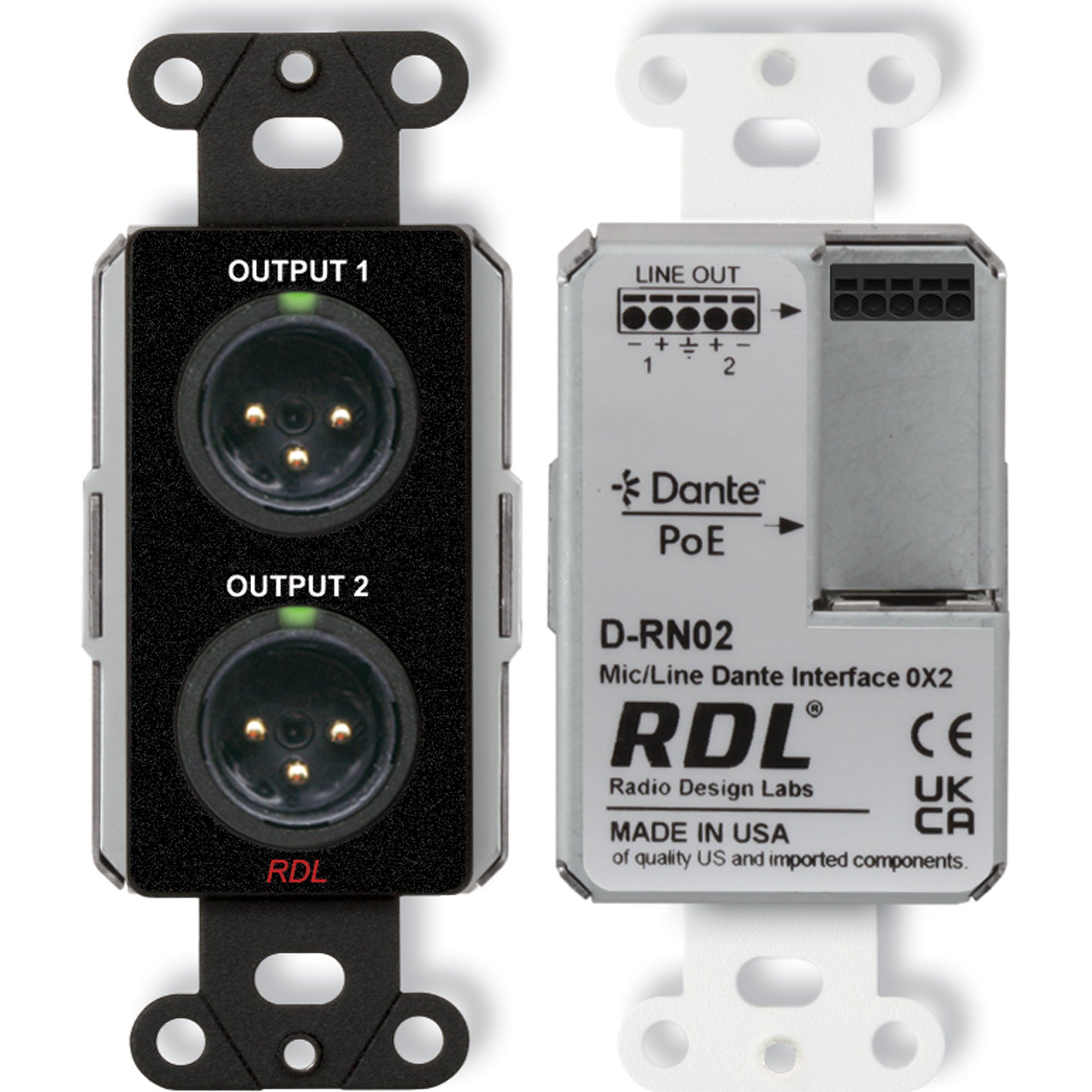 RDL DB-RN02 Wall-Mounted Mic/Line Dante Interface 0x2 (Black)