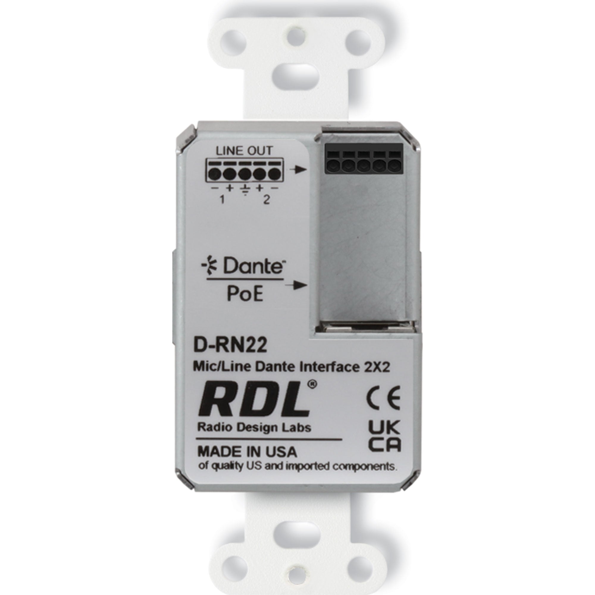 RDL DB-RN22 Wall-Mounted Bi-Directional Mic/Line Dante Interface 2x2 (Black)