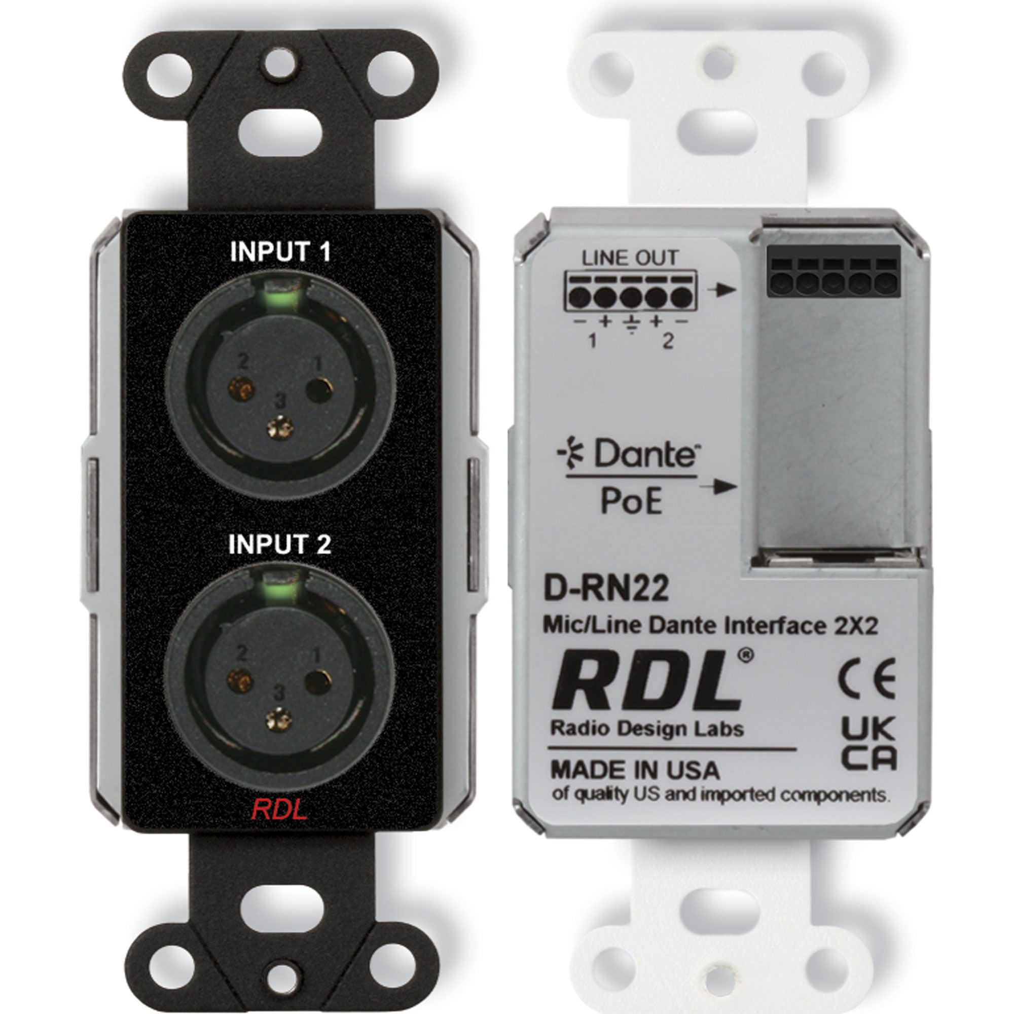 RDL DB-RN22 Wall-Mounted Bi-Directional Mic/Line Dante Interface 2x2 (Black)