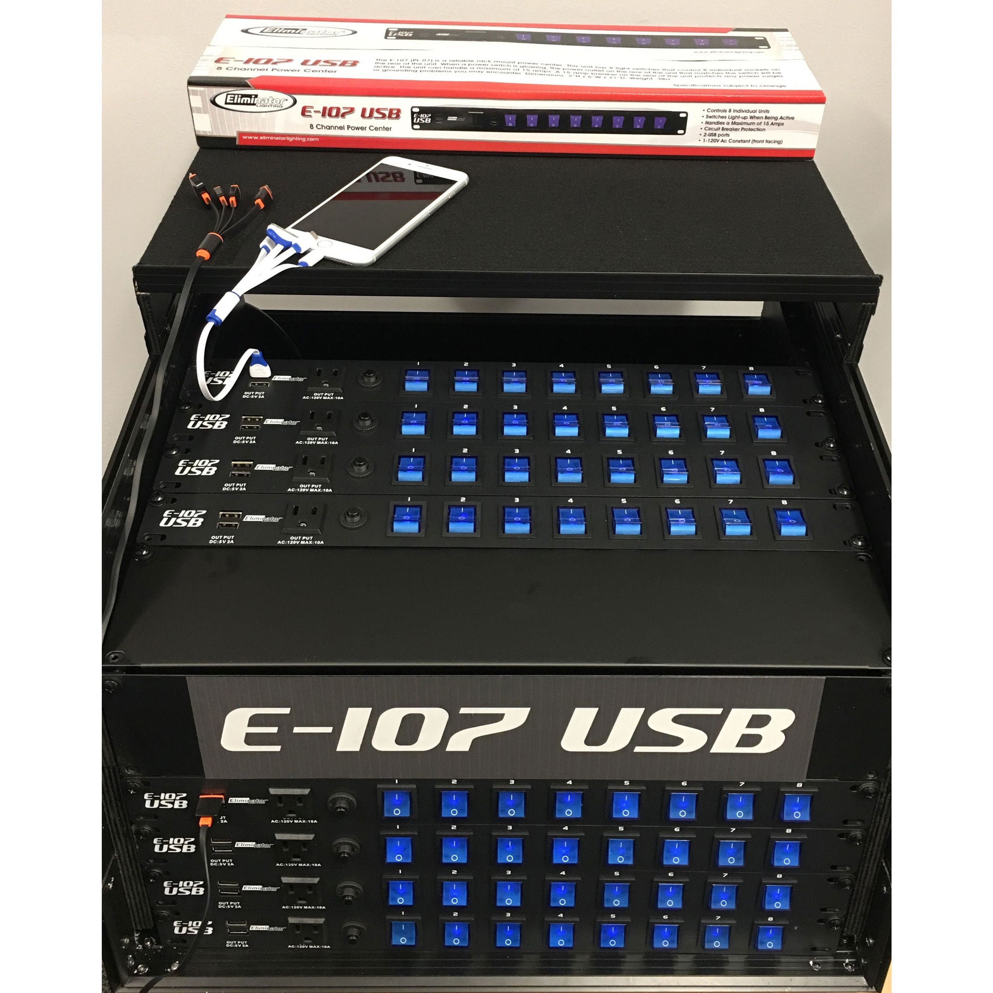 Eliminator Lighting E-107USB Rack Mount On/Off Power Center with 8 Switches and 2 USB Ports
