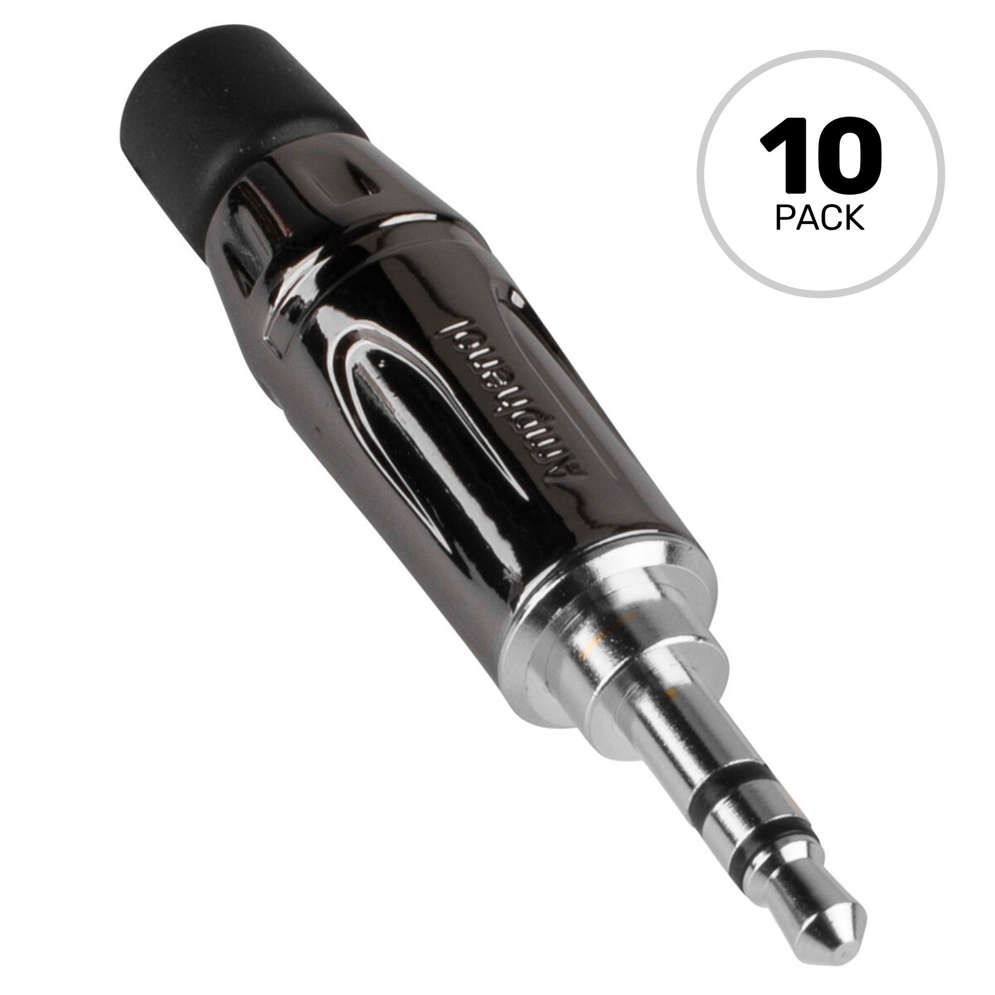 Amphenol KS3PC 3.5mm TRS Stereo Mini Plug Cable Mount Connector (Black Chrome/Silver, 10 Pack)