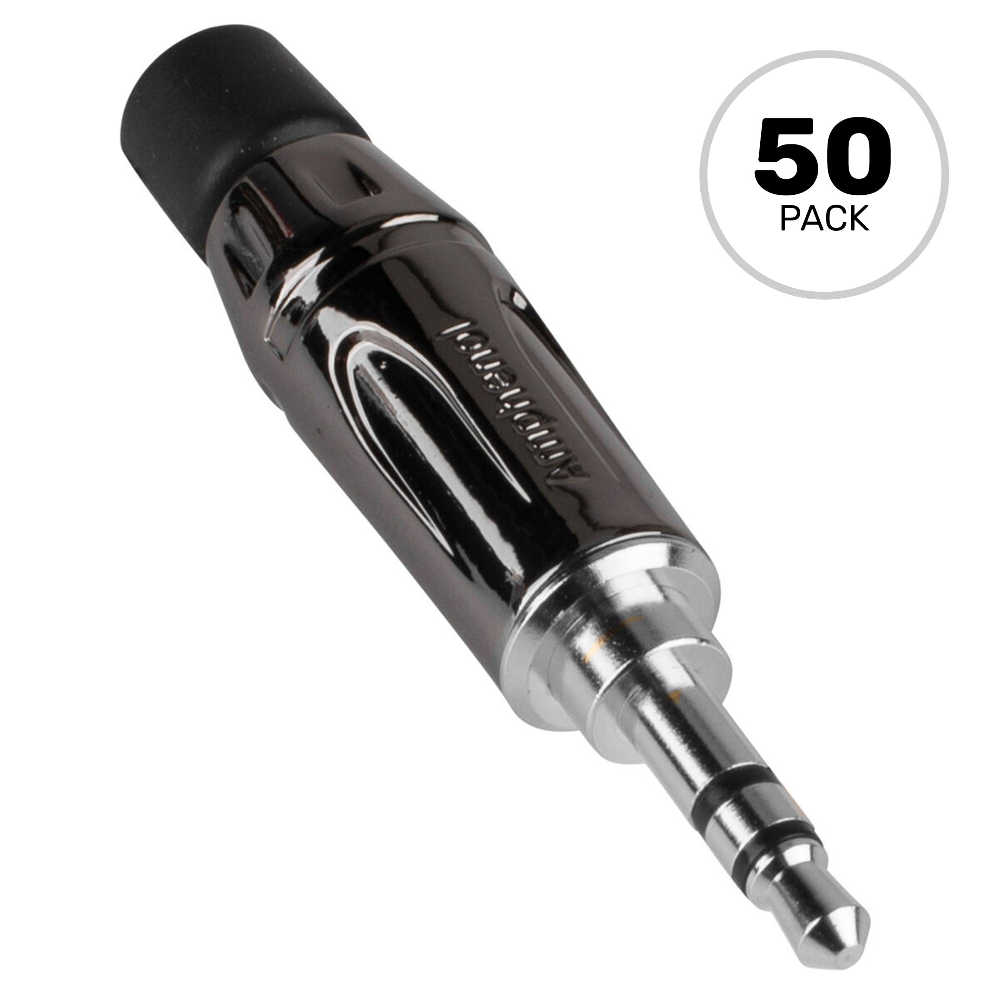 Amphenol KS3PC 3.5mm TRS Stereo Mini Plug Cable Mount Connector (Black Chrome/Silver, 50 Pack)