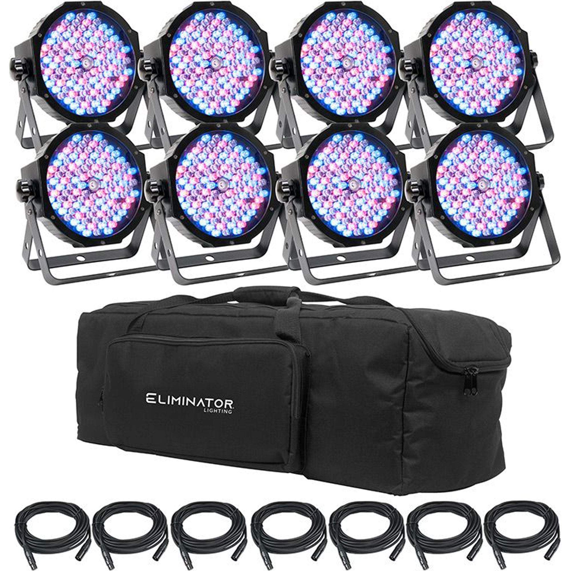 Eliminator Lighting Mega Flat PAK8 EP Kit with 8 Mega Par Profile EP LED Pars, 7 DMX Cables, and Bag