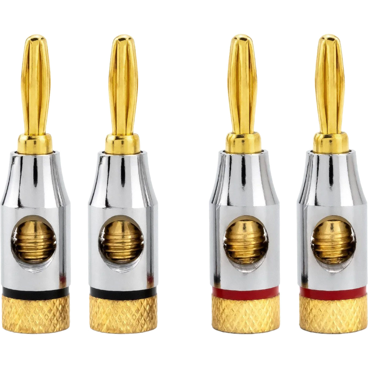 Sewell Ocelot Open-Screw Gold-Plated Banana Plugs with Daisy Chain Support Bi-Wire Kit (2 Red & 2 Black) Image 1