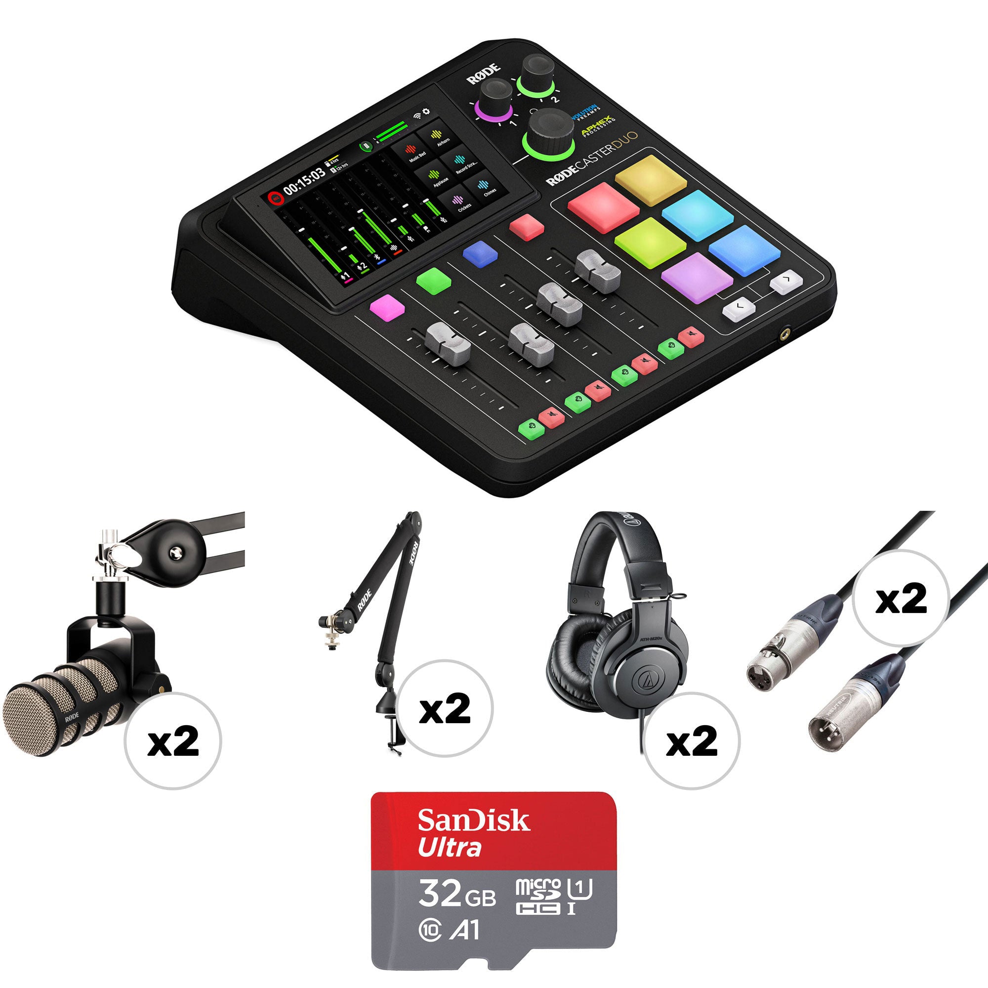 Rode RODECaster Duo Ultimate 2-Person Podcasting Kit with PodMics, Boom Arms & Headphones