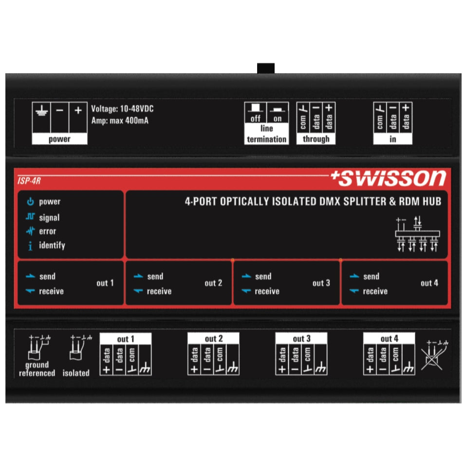 Swisson ISP-4R-DC-RJ45B DIN Rail Mountable, DMX & RDM Splitter, 4 Outputs, RJ45, Alternative Pinout