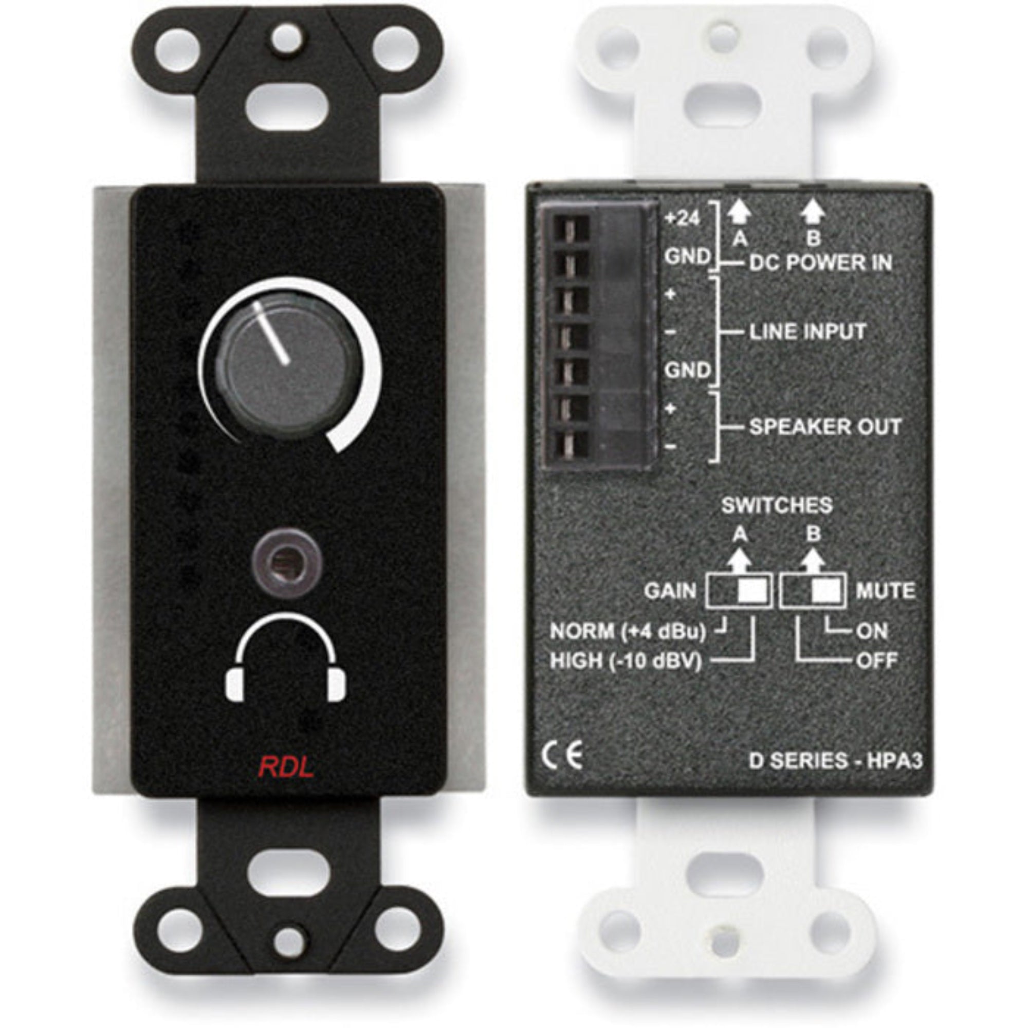 RDL DB-HPA3 3.5 Watt Audio Power & Headphone Amp on Decora Plate (Black)
