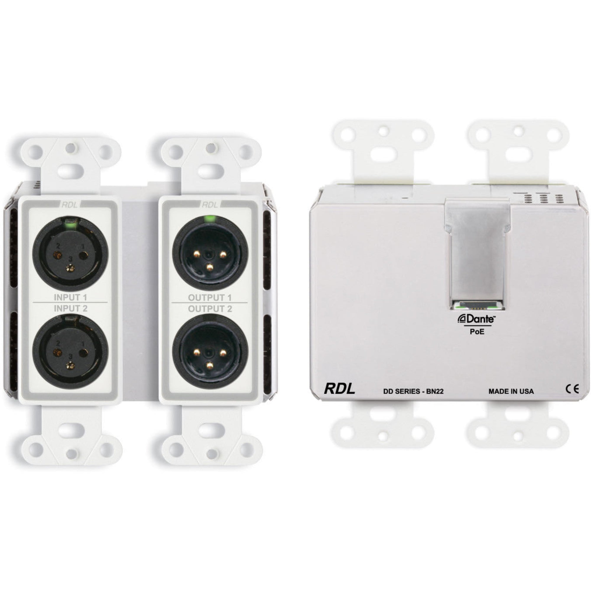 RDL DD-BN22 Bi-Directional Mic/Line Dante Interface 2x2 on Decora Plate (White)