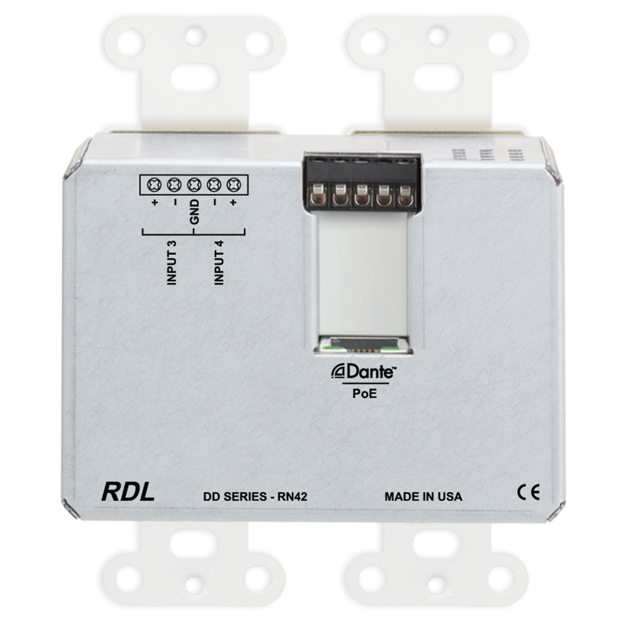RDL DD-RN42 Bi-Directional Mic/Line Dante Interface 4x2 on Decora Plate (White)