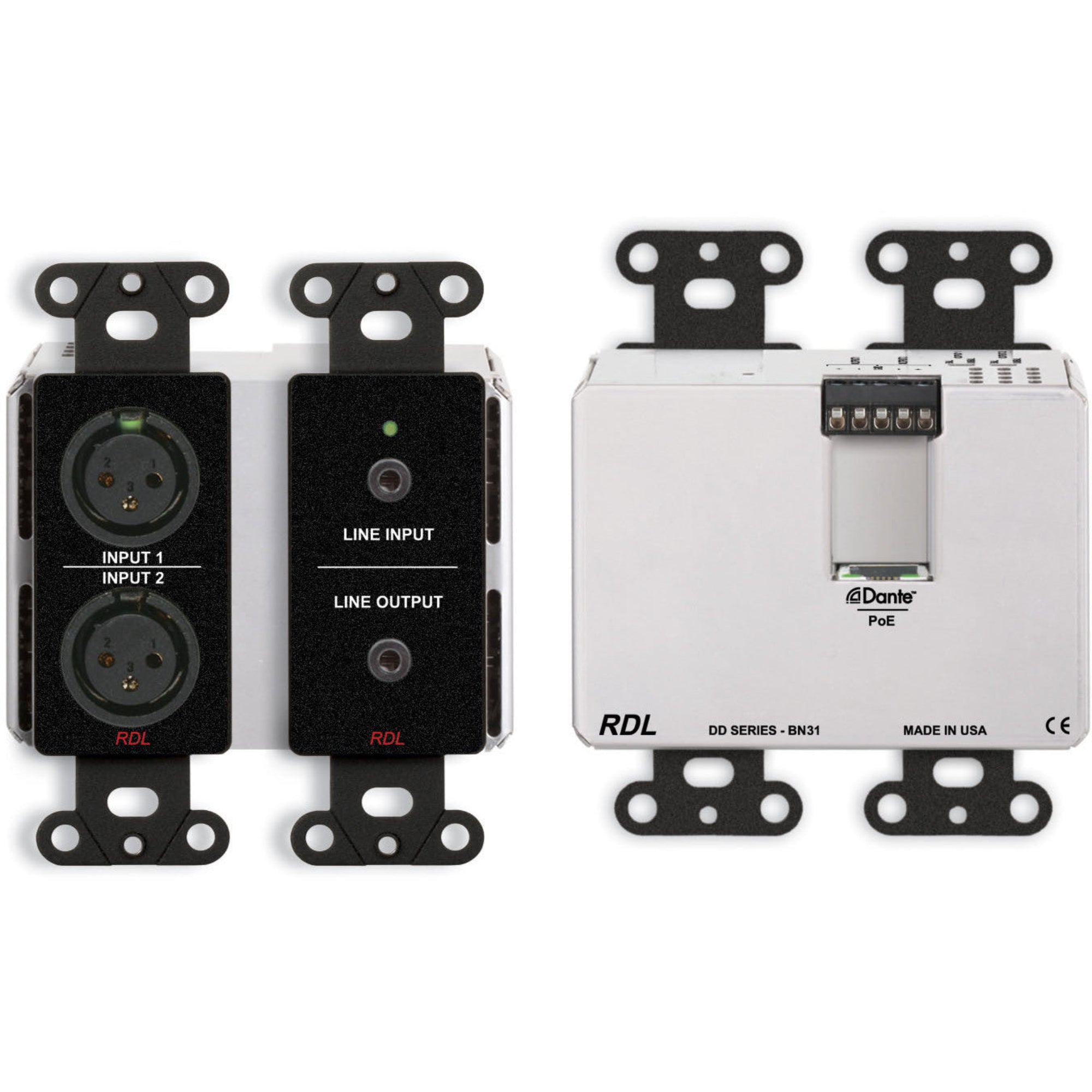 RDL DDB-BN31 Bi-Directional Mic/Line Dante Interface 4x4 on Decora Plate (Black)