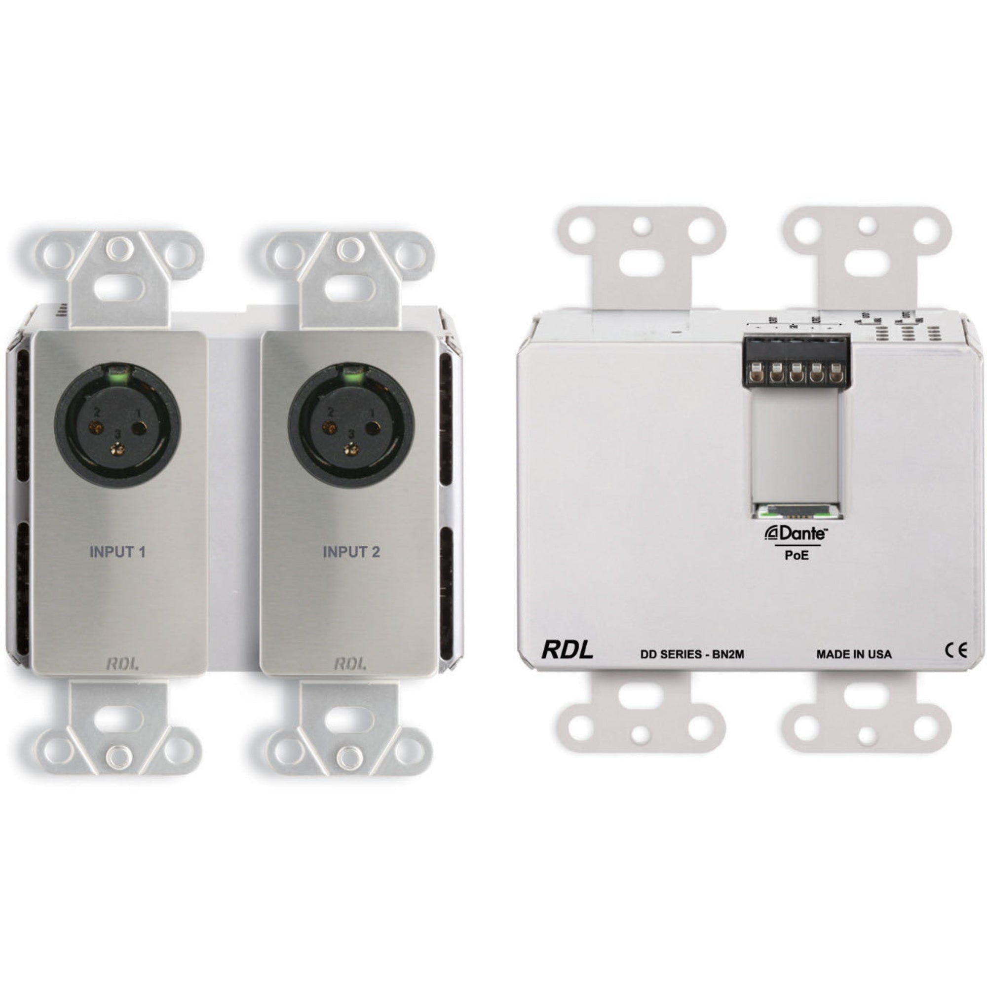 RDL DDS-BN2M Bi-Directional Mic/Line Dante Interface 2x2 on Decora Plate (Stainless Steel)