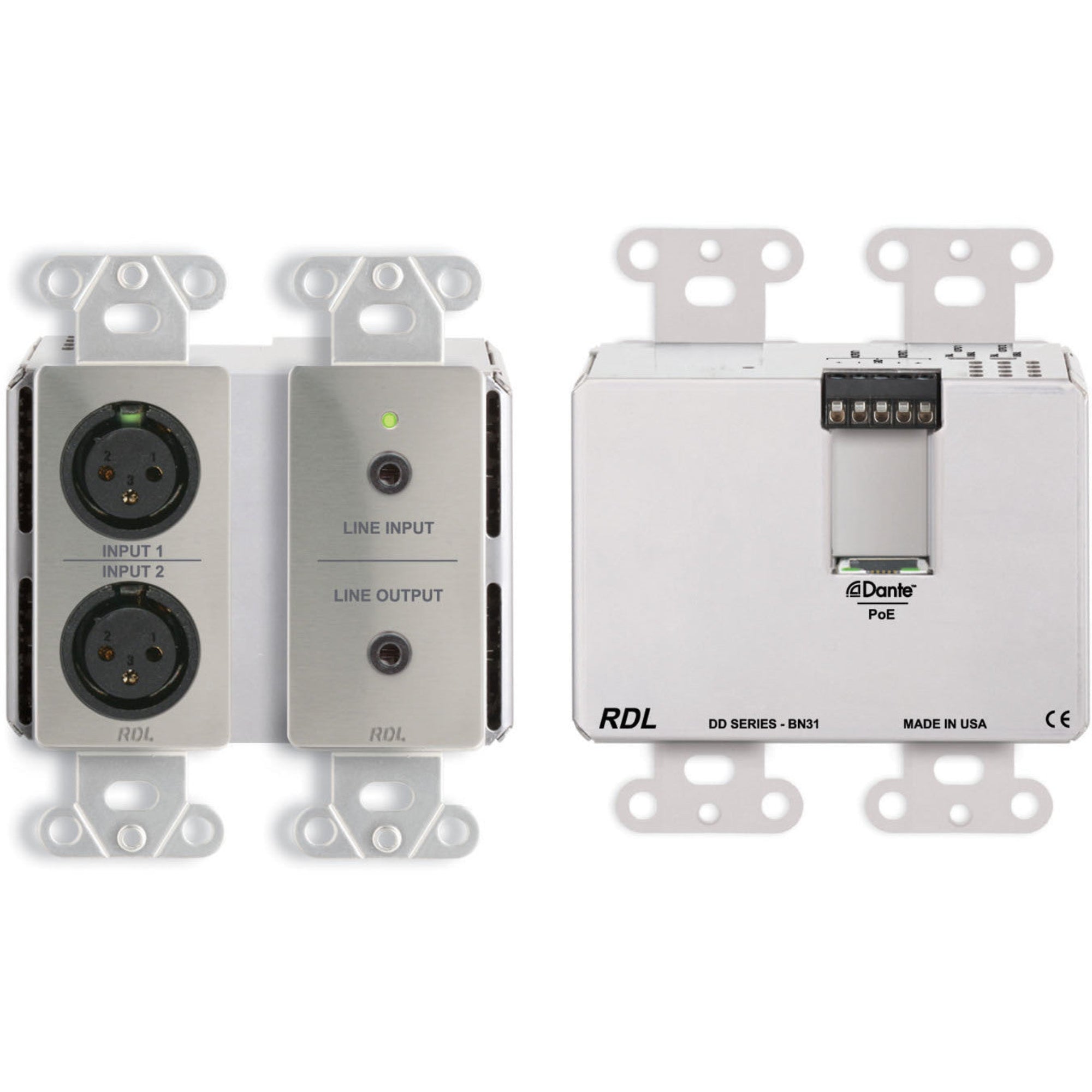 RDL DDS-BN31 Bi-Directional Mic/Line Dante Interface 4x4 on Decora Plate (Stainless Steel)