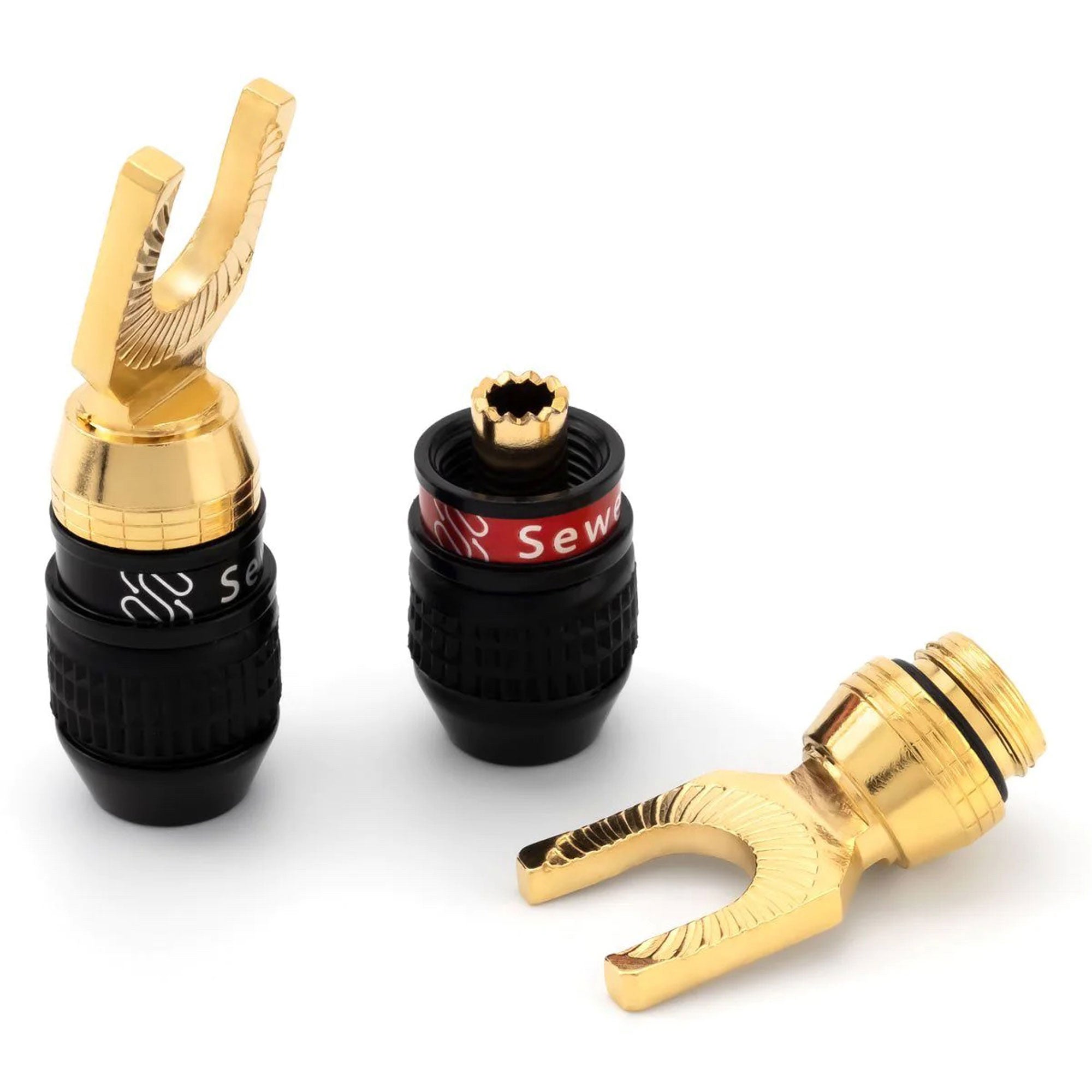 Sewell Deadbolt Gold Plated Compression 30 Degree Spade Plugs Box of 6 Pairs (6 Red & 6 Black)