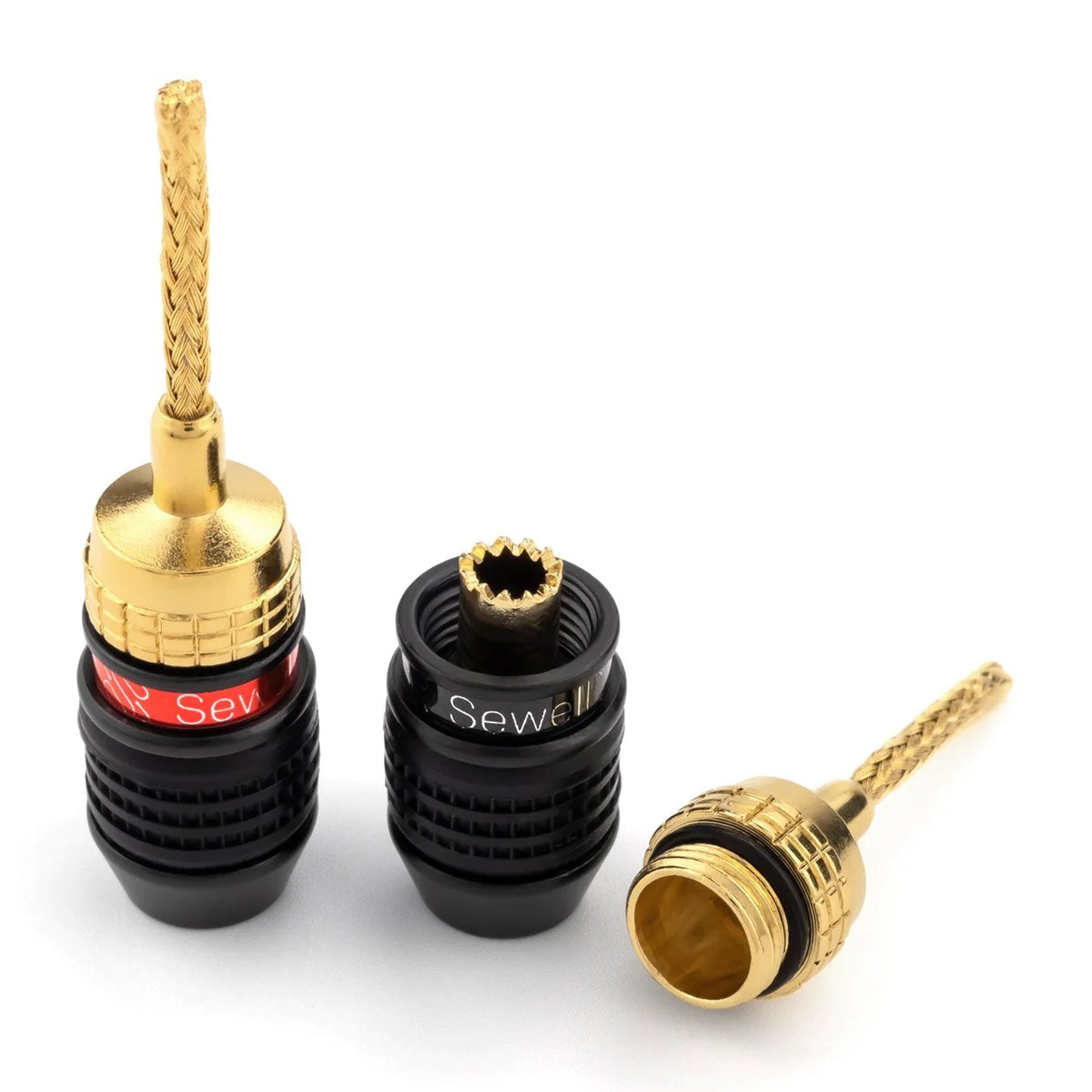 Sewell Deadbolt Gold Plated Compression Flex Pin Speaker Plugs Bi-Wire Kit (2 Red & 2 Black)