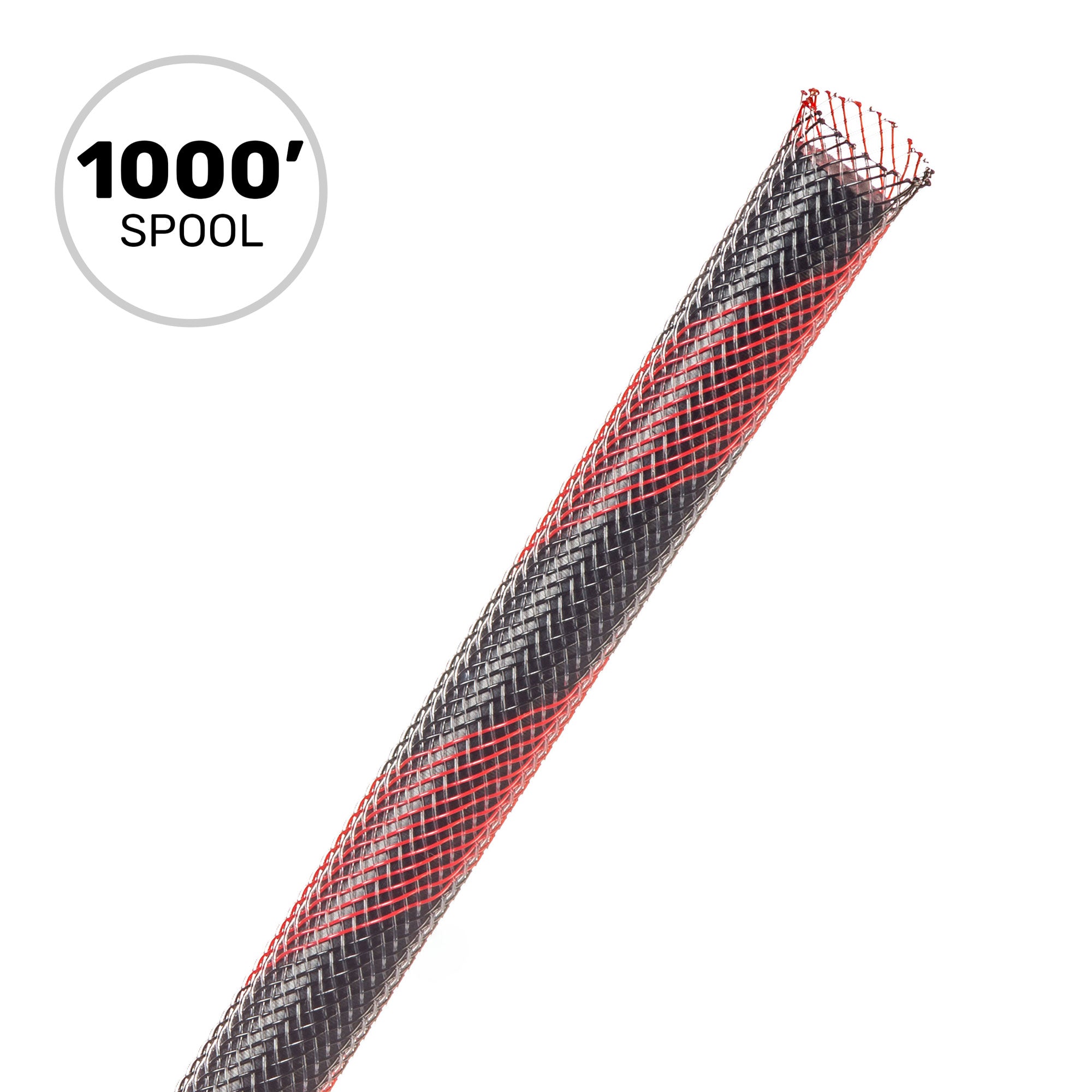 Techflex Flexo PET Expandable Braided Sleeving (1/4" Black with Red Spiral, 1000' Spool)