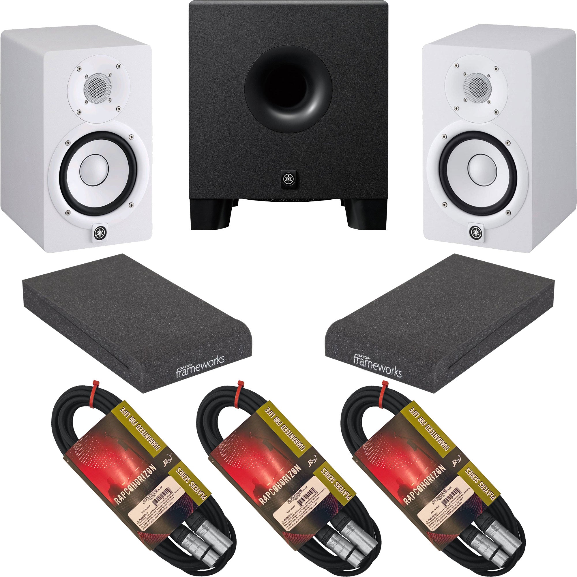 Yamaha HS5W Powered Studio Monitors and HS8S Subwoofer with Isolation Pads and Cables Kit (White)