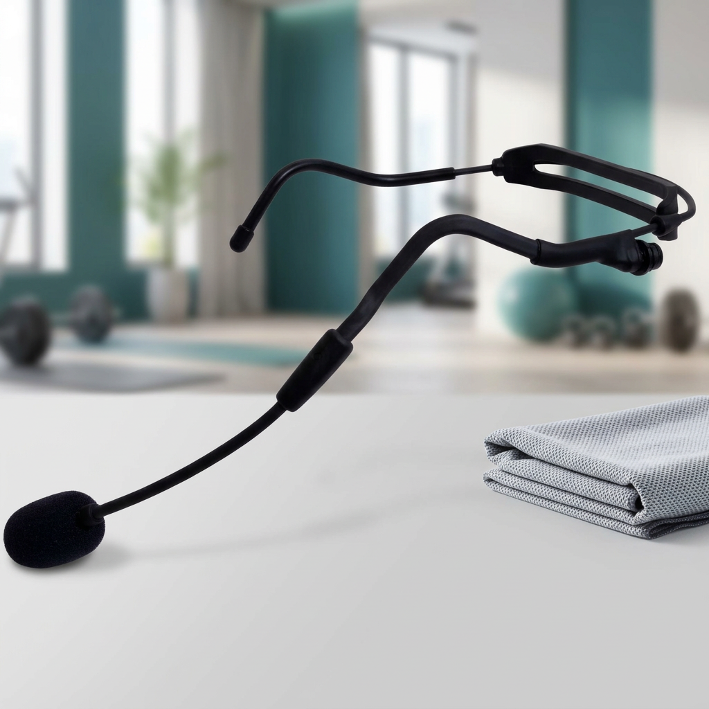 fitness headset with a blurry fitness studio in the background