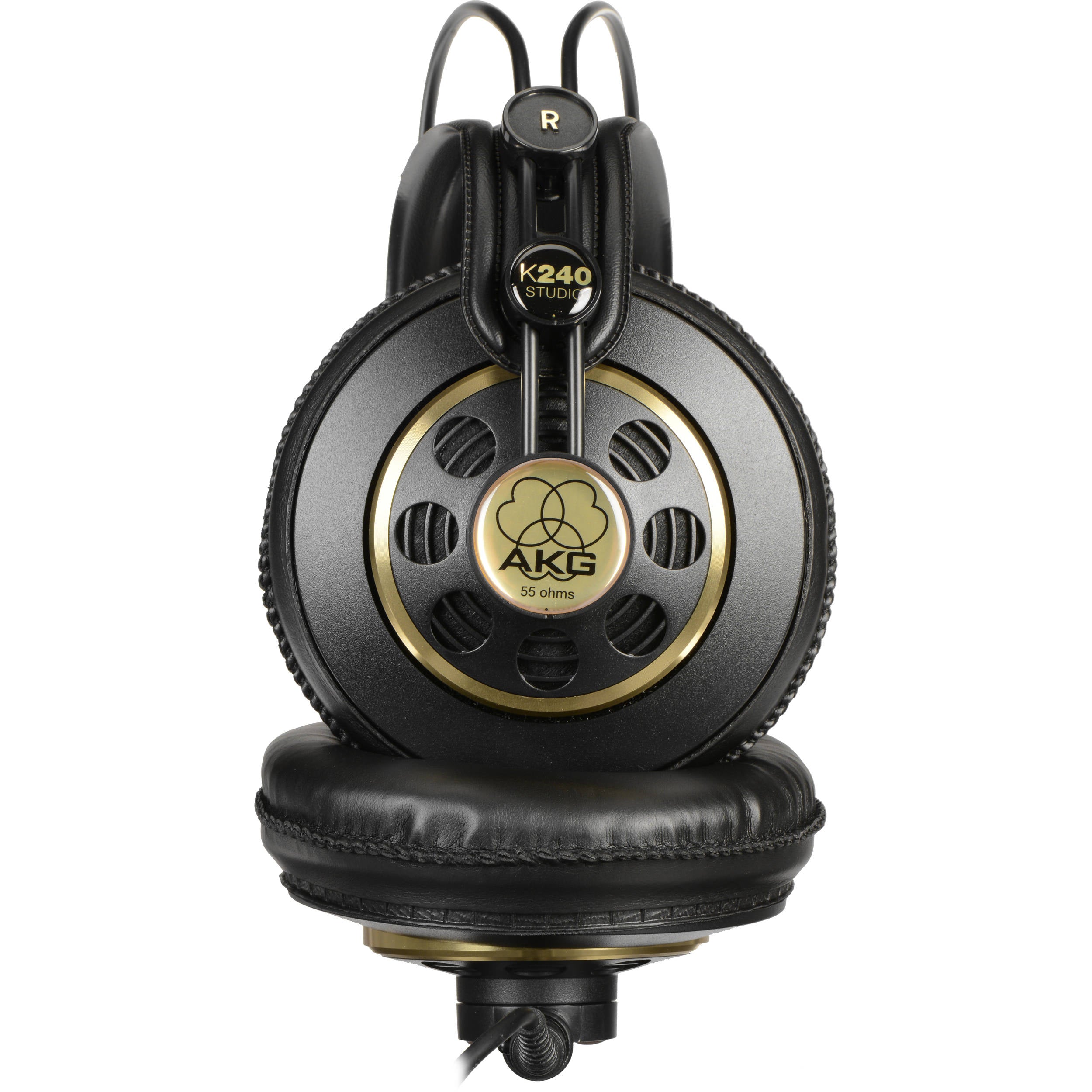 AKG K240 Studio headphones close up of ear cups on white background