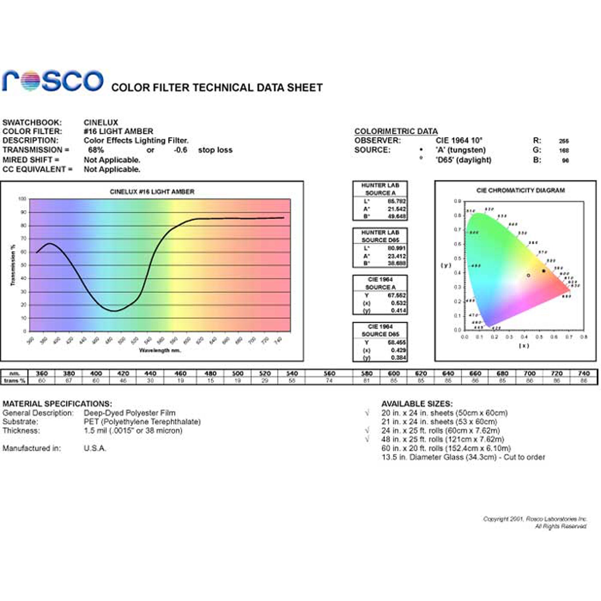 Rosco #16 Roscolux Cinegel Filter Gel Light Amber (20" x 24" Sheet)