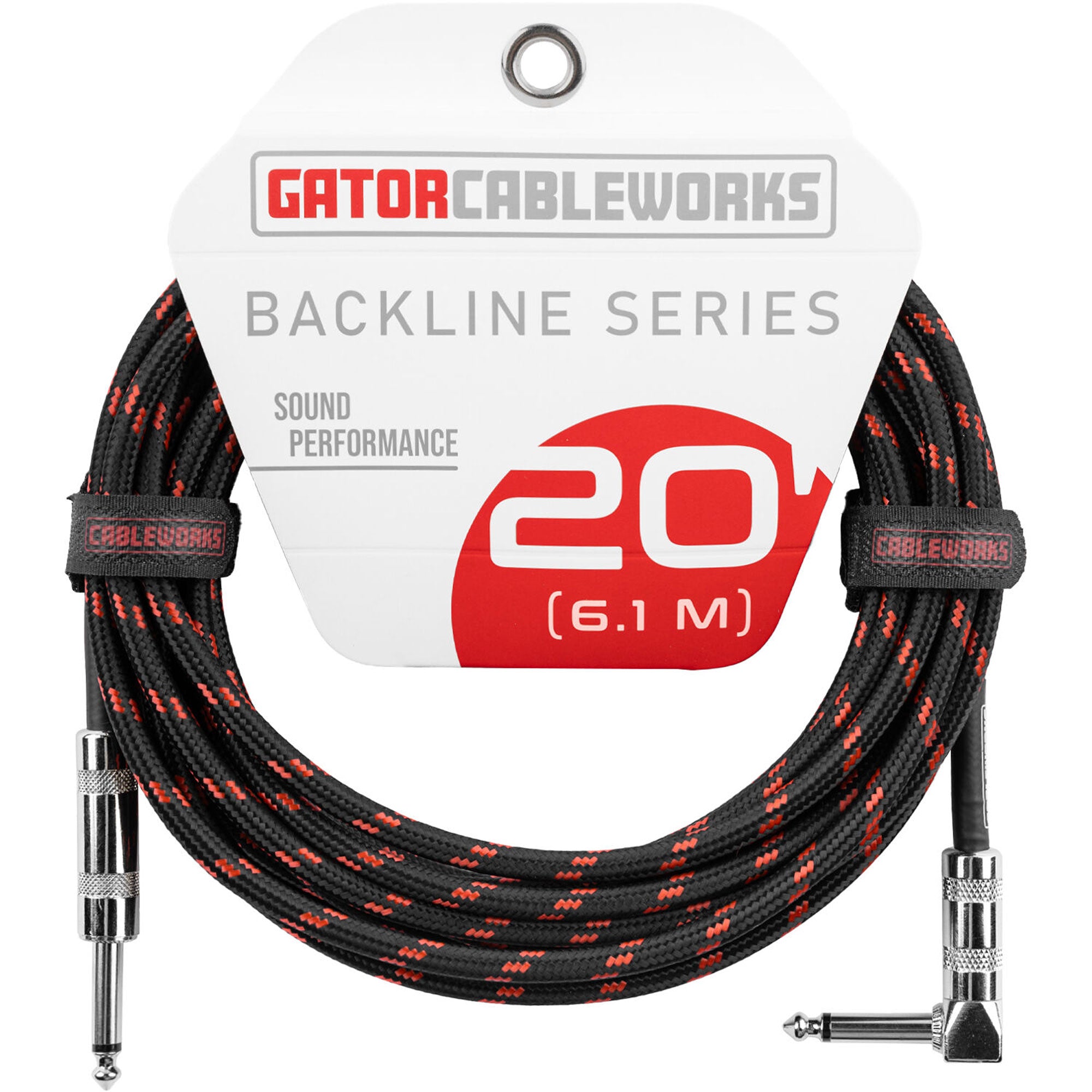 Gator Backline Series 1/4" Straight to 1/4" Right Angle Braided Instrument Cable (Black/Red, 20')
