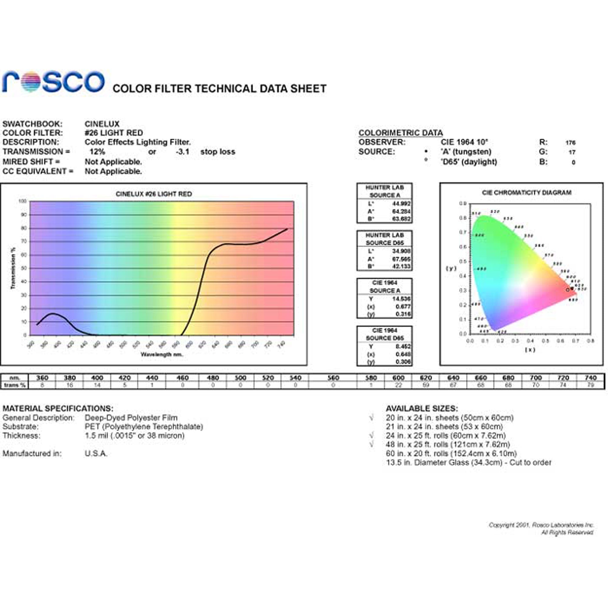 Rosco #26 Roscolux Cinegel Filter Gel Light Red (20" x 24" Sheet)