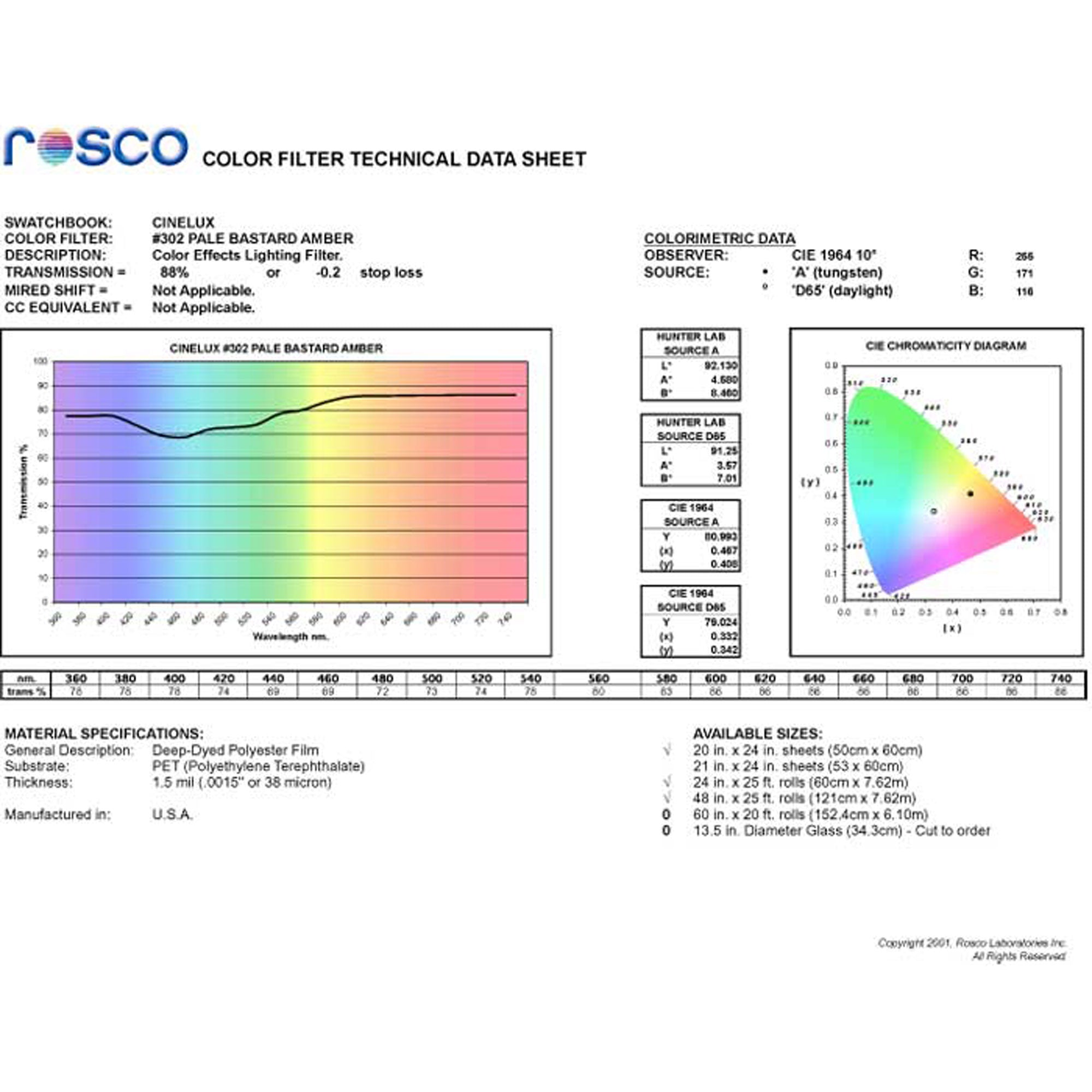 Rosco #302 Roscolux Cinegel Filter Gel Pale Bastard Amber (24" x 25' Roll)
