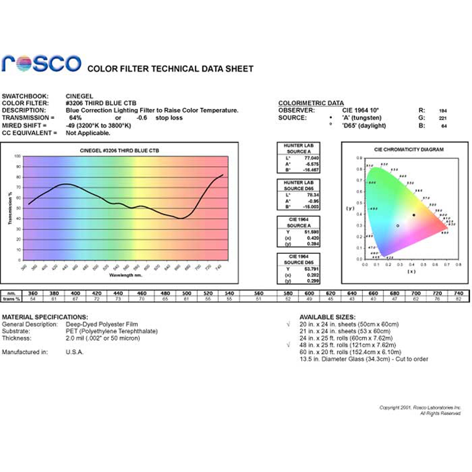 Rosco #3206 Roscolux Filter Gel Third Blue (1/3 CTB) (48" x 25' Roll)