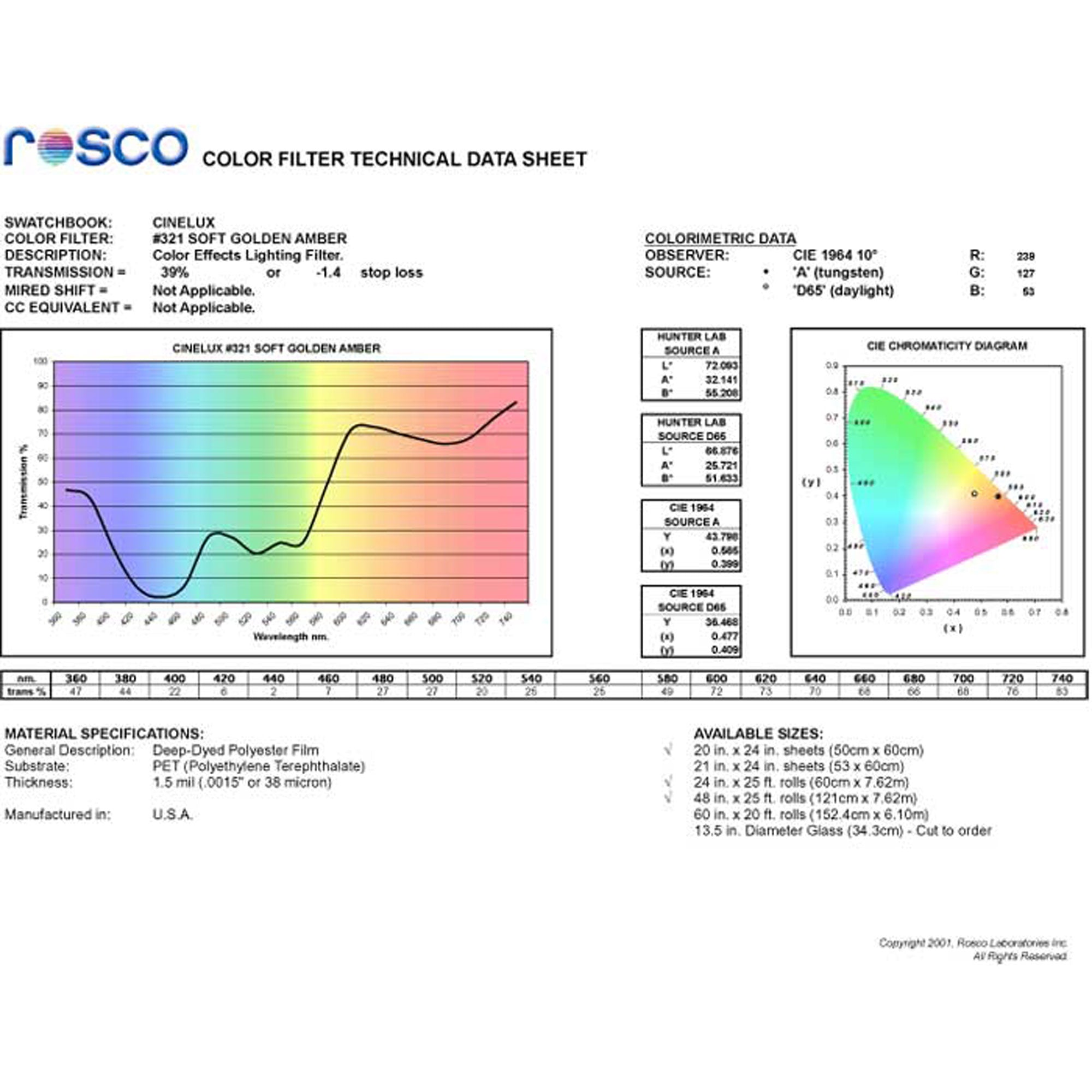 Rosco #321 Roscolux Cinegel Filter Gel Soft Golden Amber (20" x 24" Sheet)