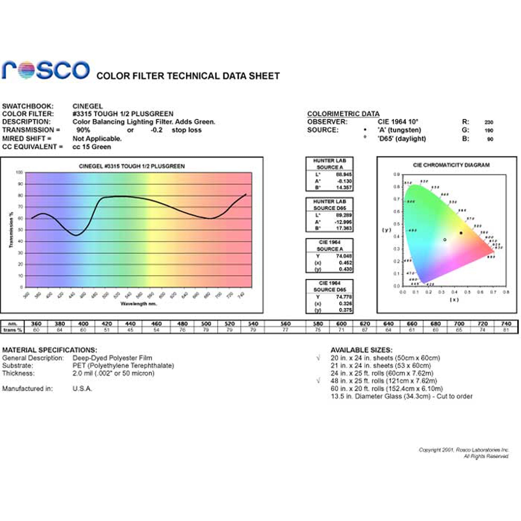 Rosco #3315 Roscolux Filter Gel Tough 1/2 Plusgreen (20" x 24" Sheet)