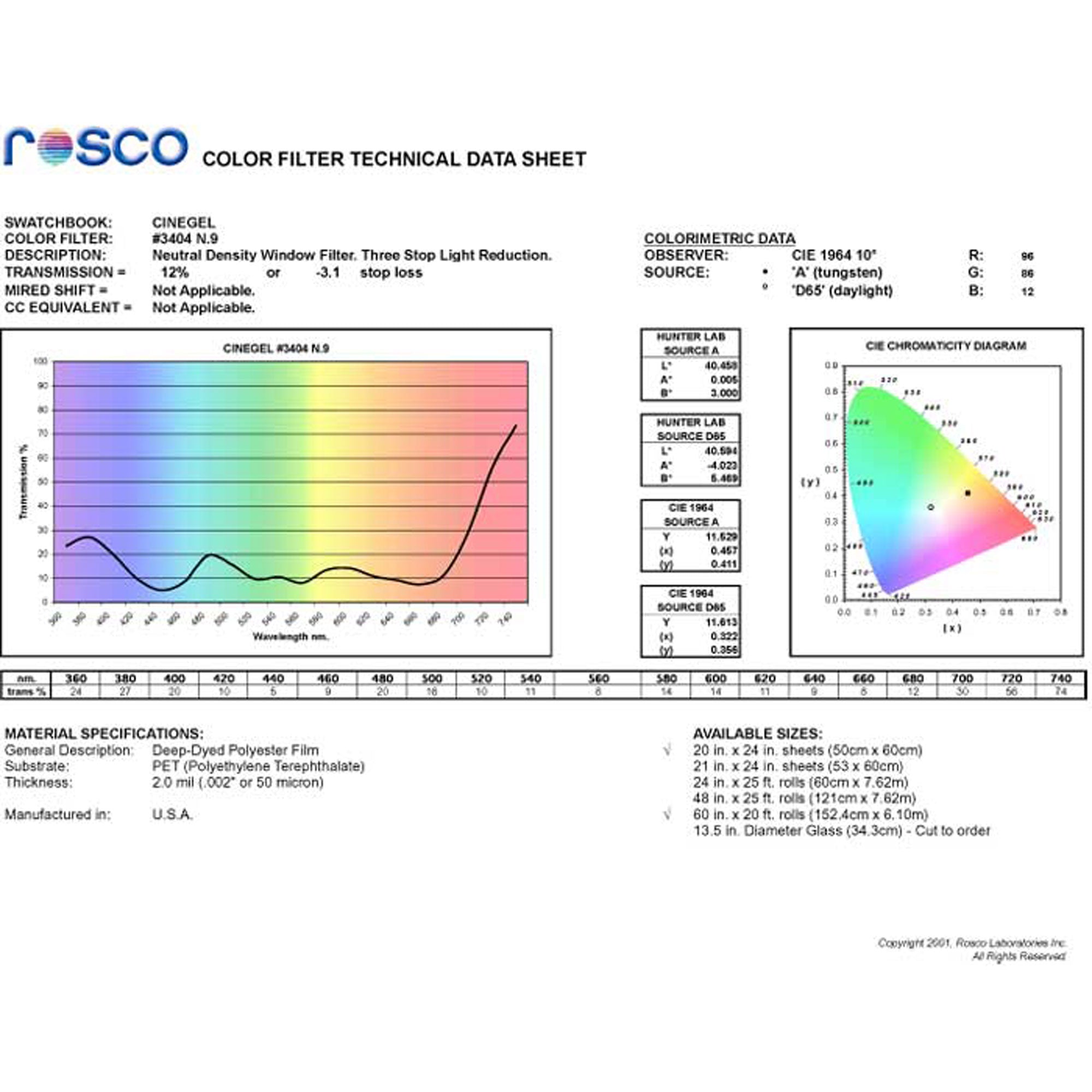 Rosco #3404 Roscolux Filter Gel RoscoSun N.9 (20" x 24" Sheet)