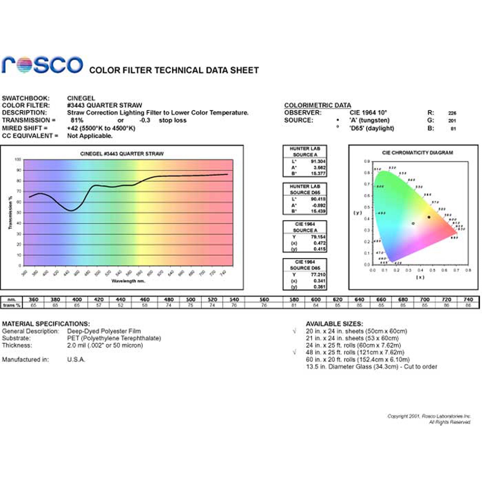 Rosco #3443 Roscolux Filter Gel Quarter Straw 1/4 CTS (20" x 24" Sheet)