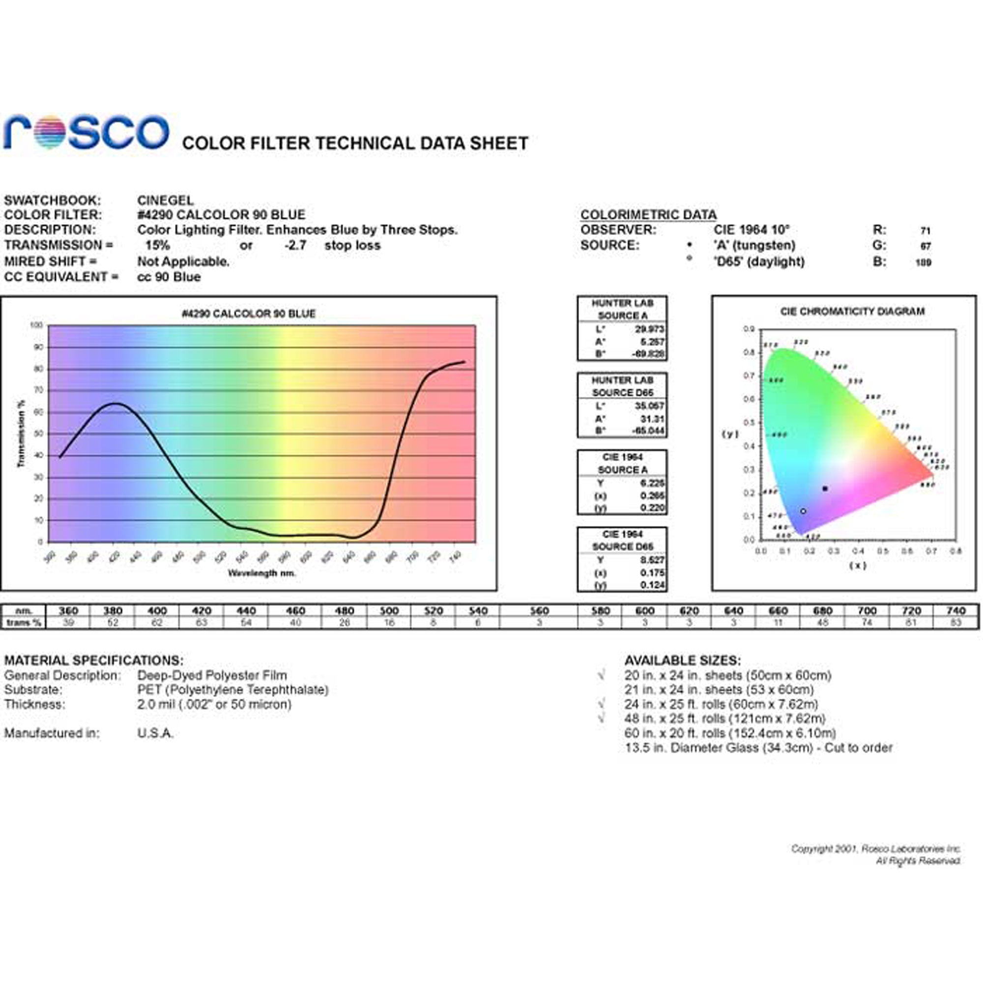 Rosco #4290 CalColor Filter Gel 90 Blue (48" x 25' Roll)