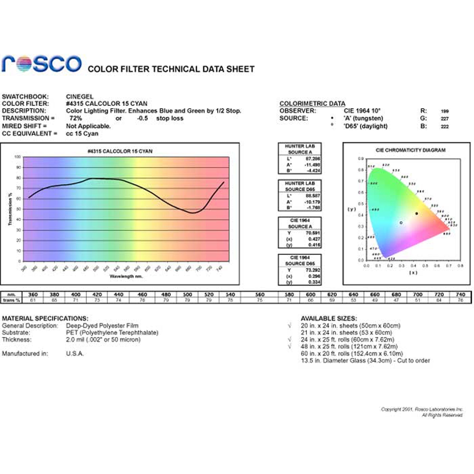 Rosco #4315 CalColor Filter Gel 15 Cyan (20" x 24" Sheet)