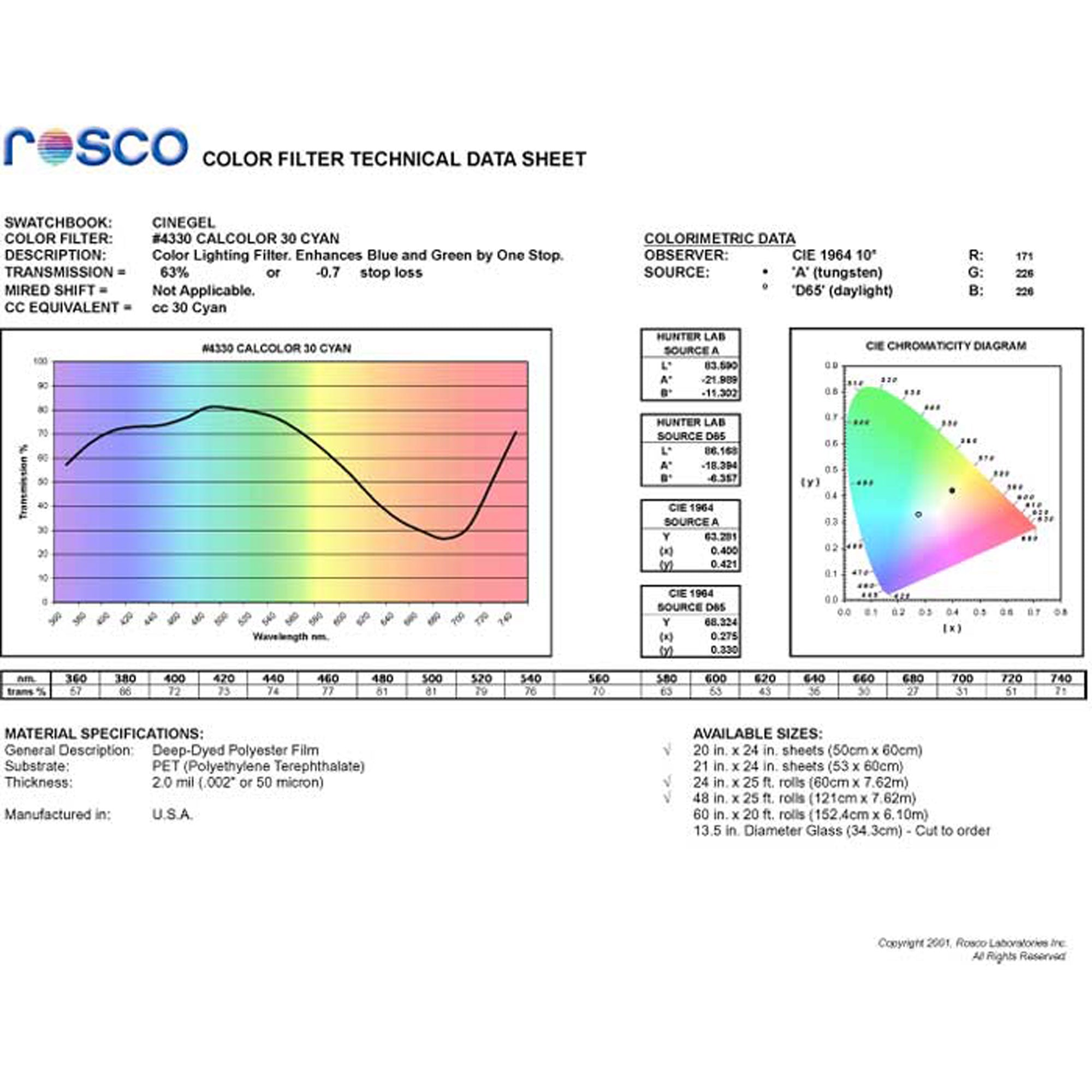 Rosco #4330 CalColor Filter Gel 30 Cyan (48" x 25' Roll)