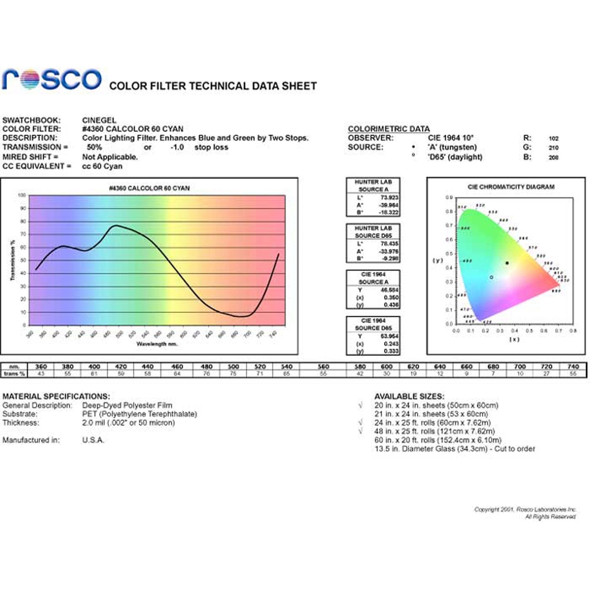 Rosco #4360 CalColor Filter Gel 60 Cyan (48" x 25' Roll)