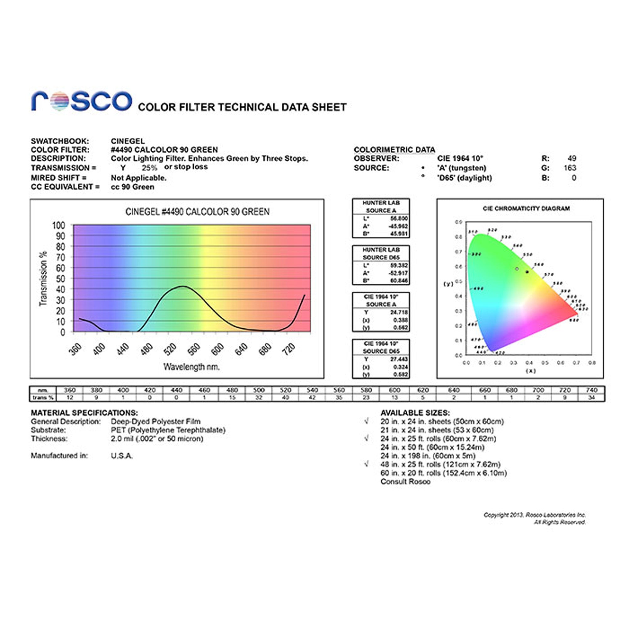 Rosco #4490 CalColor Filter Gel 90 Green (48" x 25' Roll)
